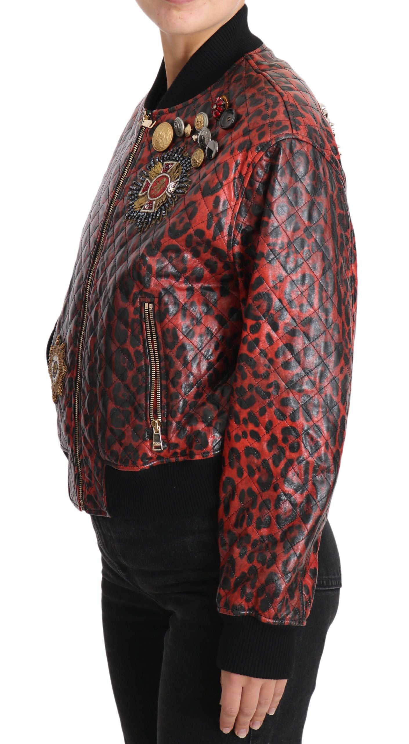 Dolce &amp; Gabbana Veste en cuir bomber léopard rouge avec boutons en cristal