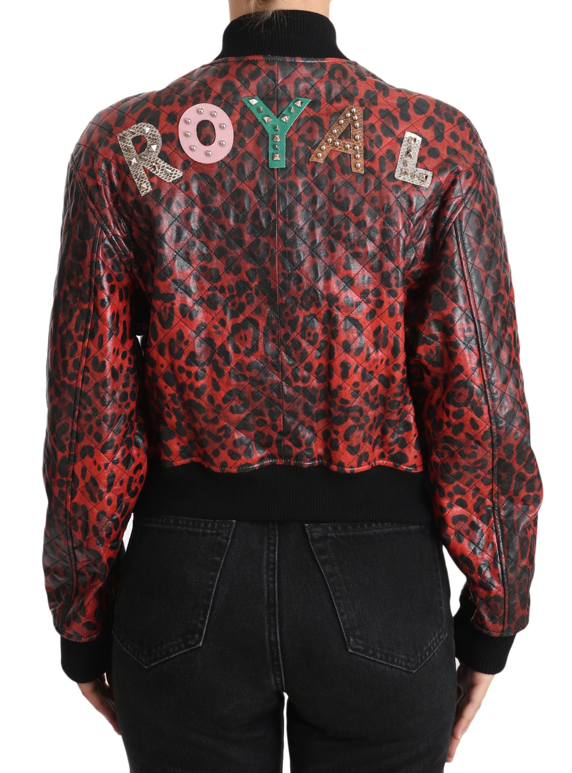 Dolce &amp; Gabbana Veste en cuir bomber léopard rouge avec boutons en cristal