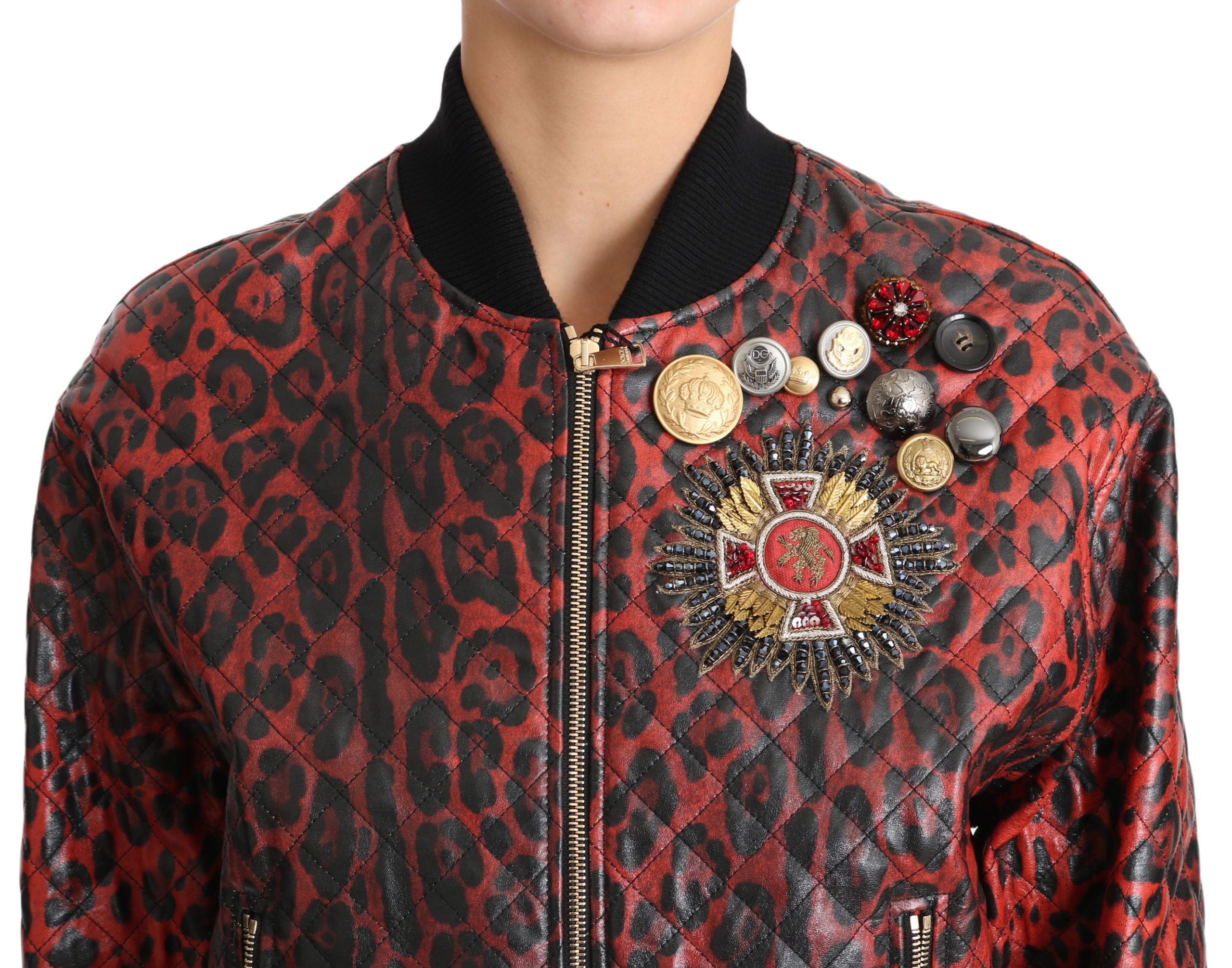 Dolce &amp; Gabbana Veste en cuir bomber léopard rouge avec boutons en cristal