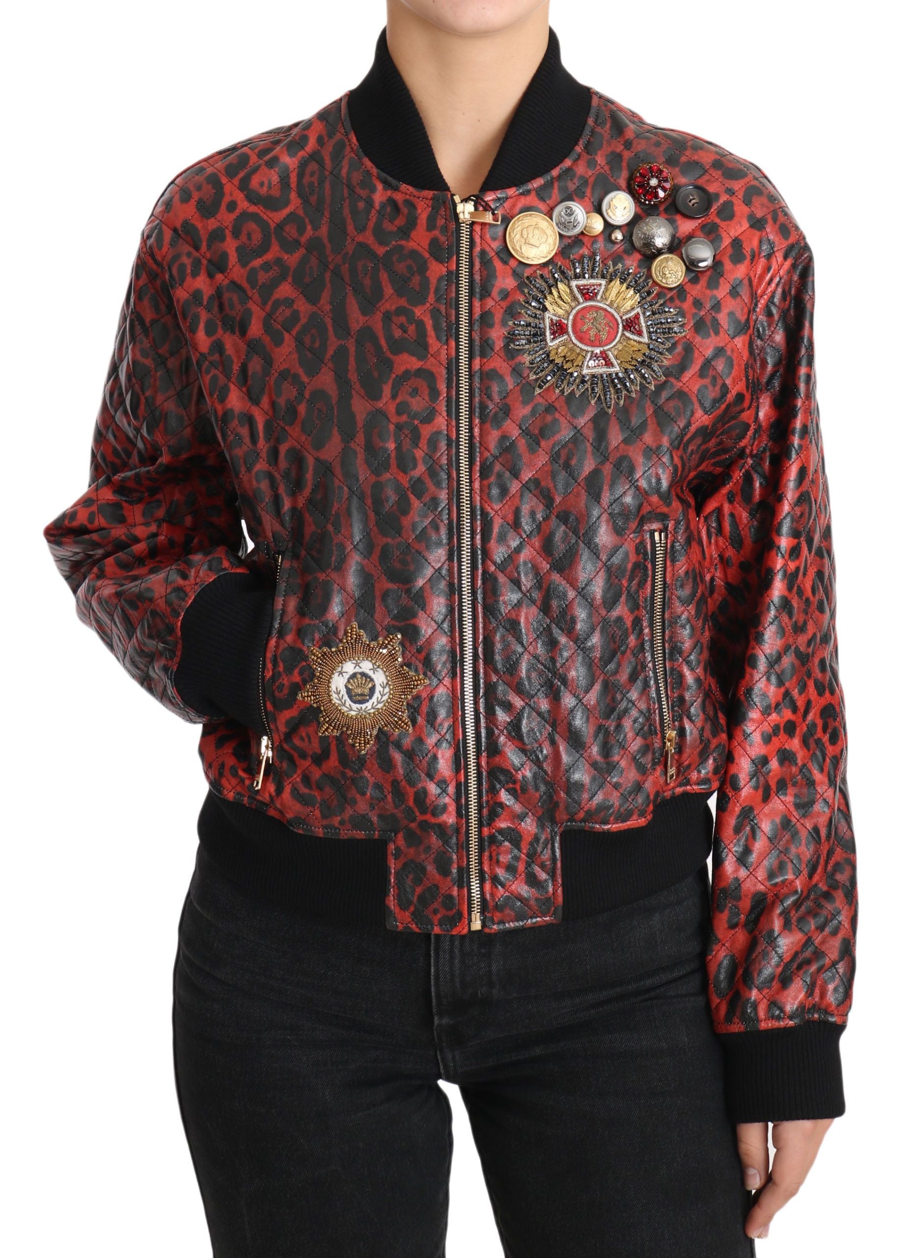 Dolce &amp; Gabbana Veste en cuir bomber léopard rouge avec boutons en cristal