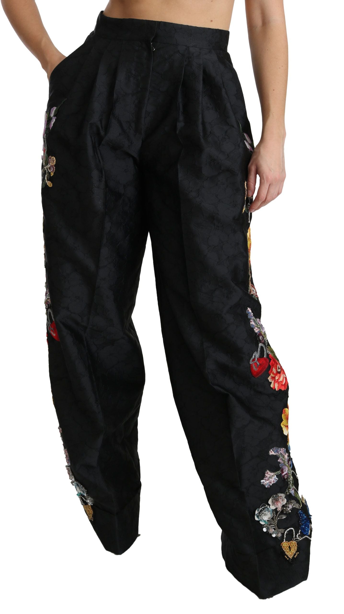 Dolce &amp; Gabbana Pantalon floral élégant taille haute à jambes larges