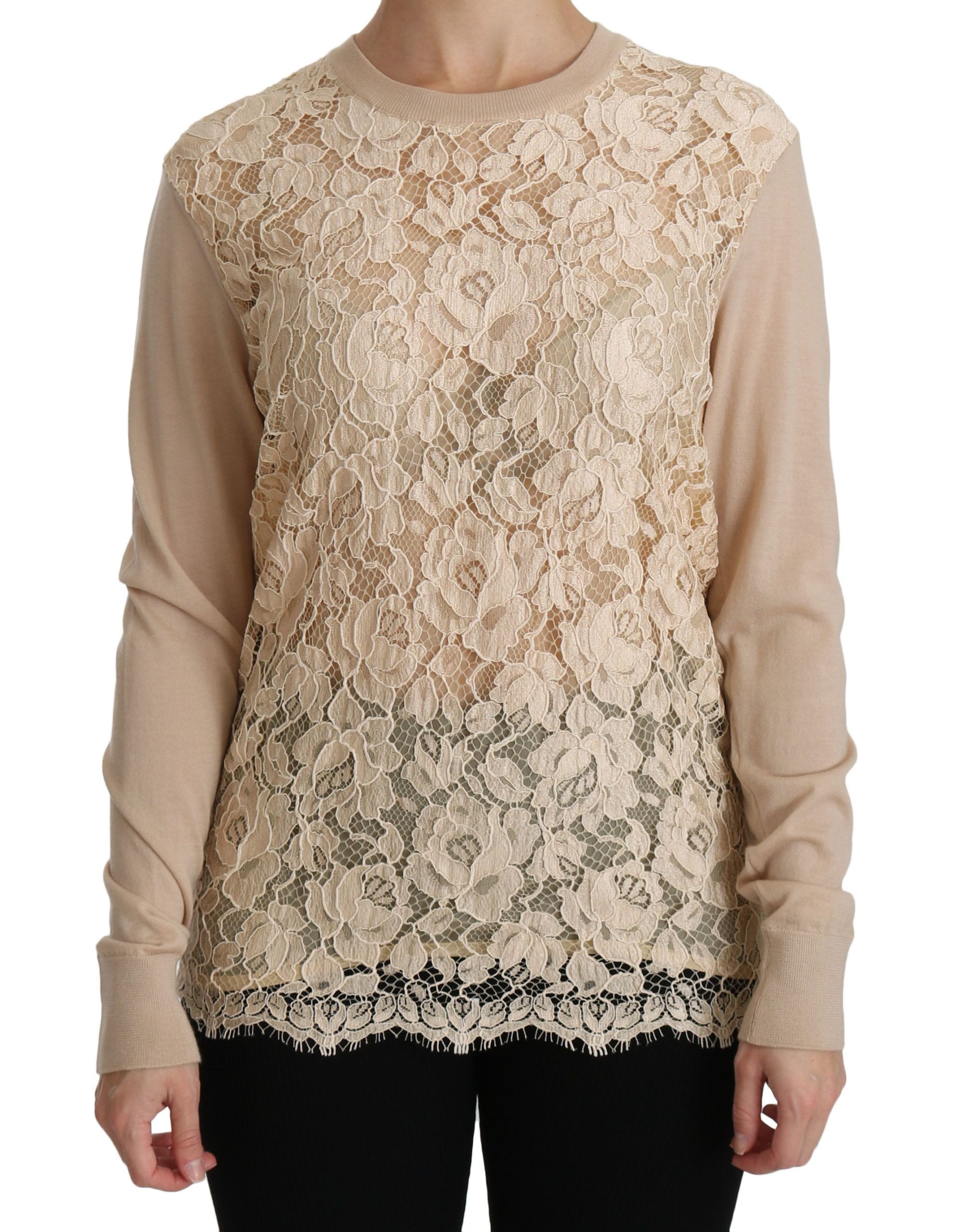 Dolce &amp; Gabbana Blouse élégante en cachemire à col rond en dentelle beige