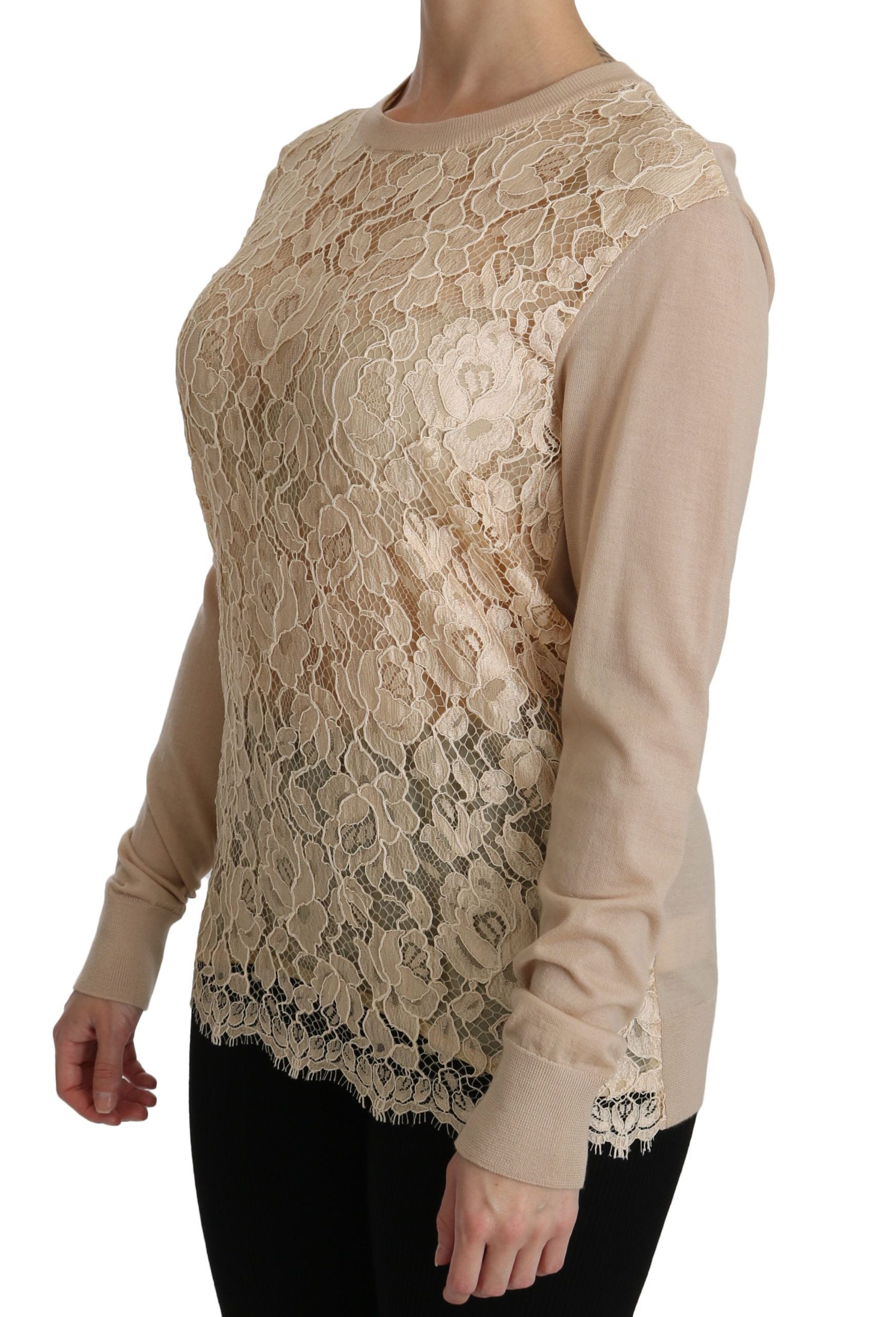 Dolce &amp; Gabbana Blouse élégante en cachemire à col rond en dentelle beige