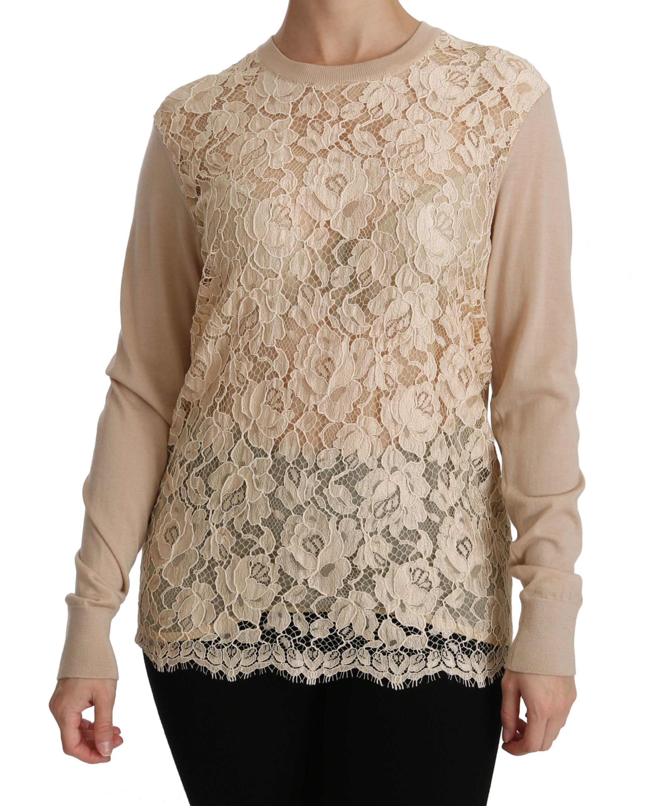 Dolce &amp; Gabbana Blouse élégante en cachemire à col rond en dentelle beige