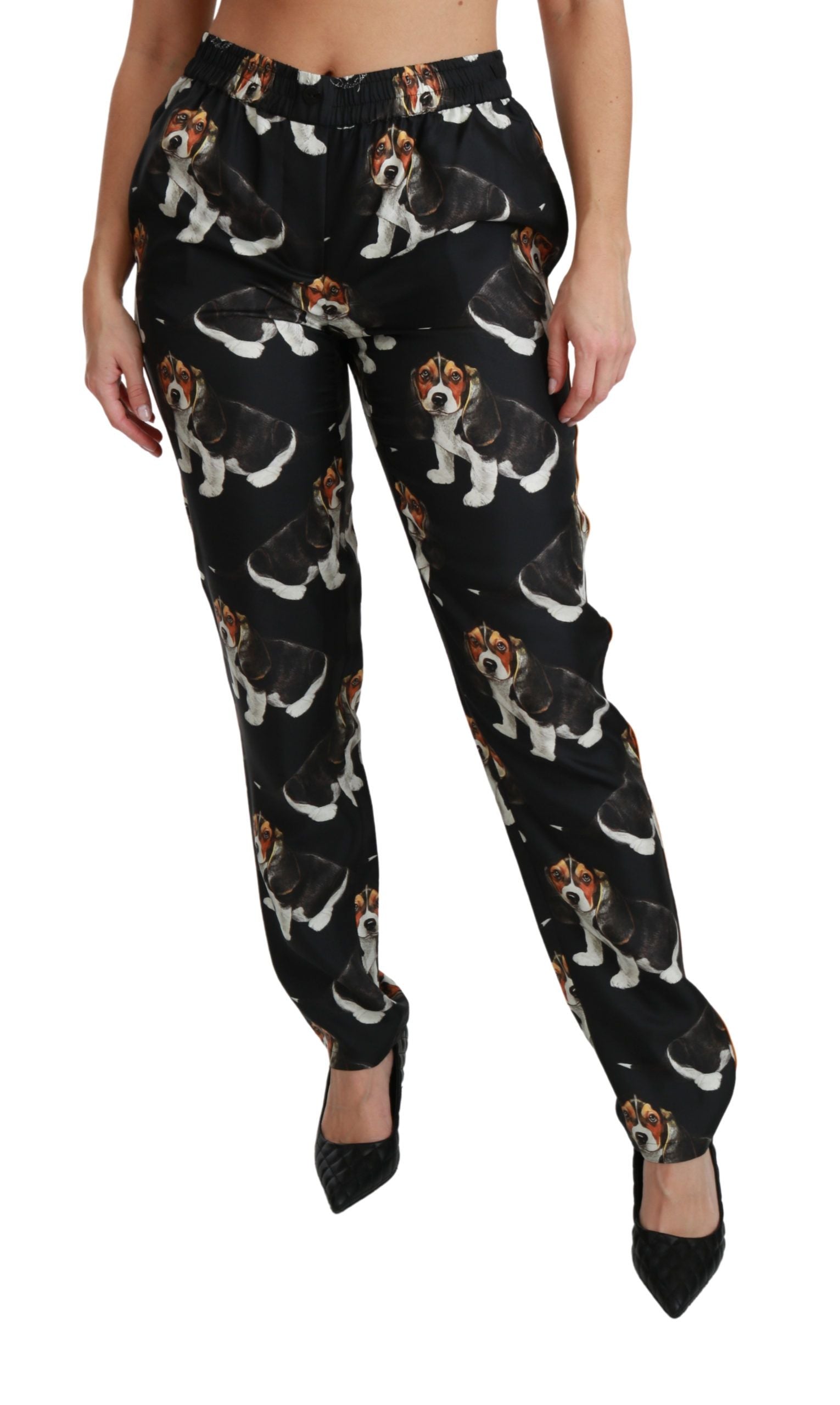 Dolce &amp; Gabbana Pantalon élégant en soie à imprimé chiot et chien