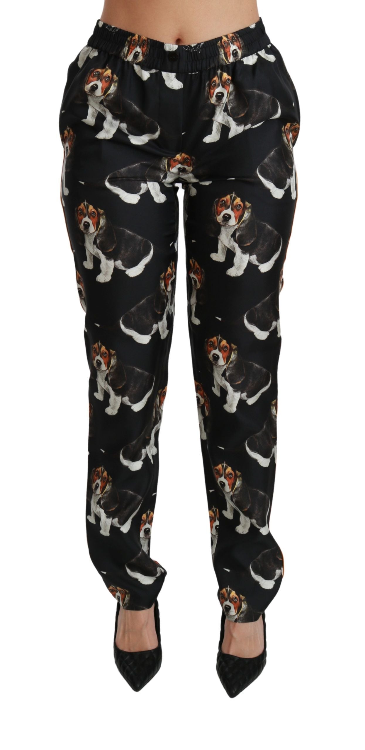 Dolce &amp; Gabbana Pantalon élégant en soie à imprimé chiot et chien