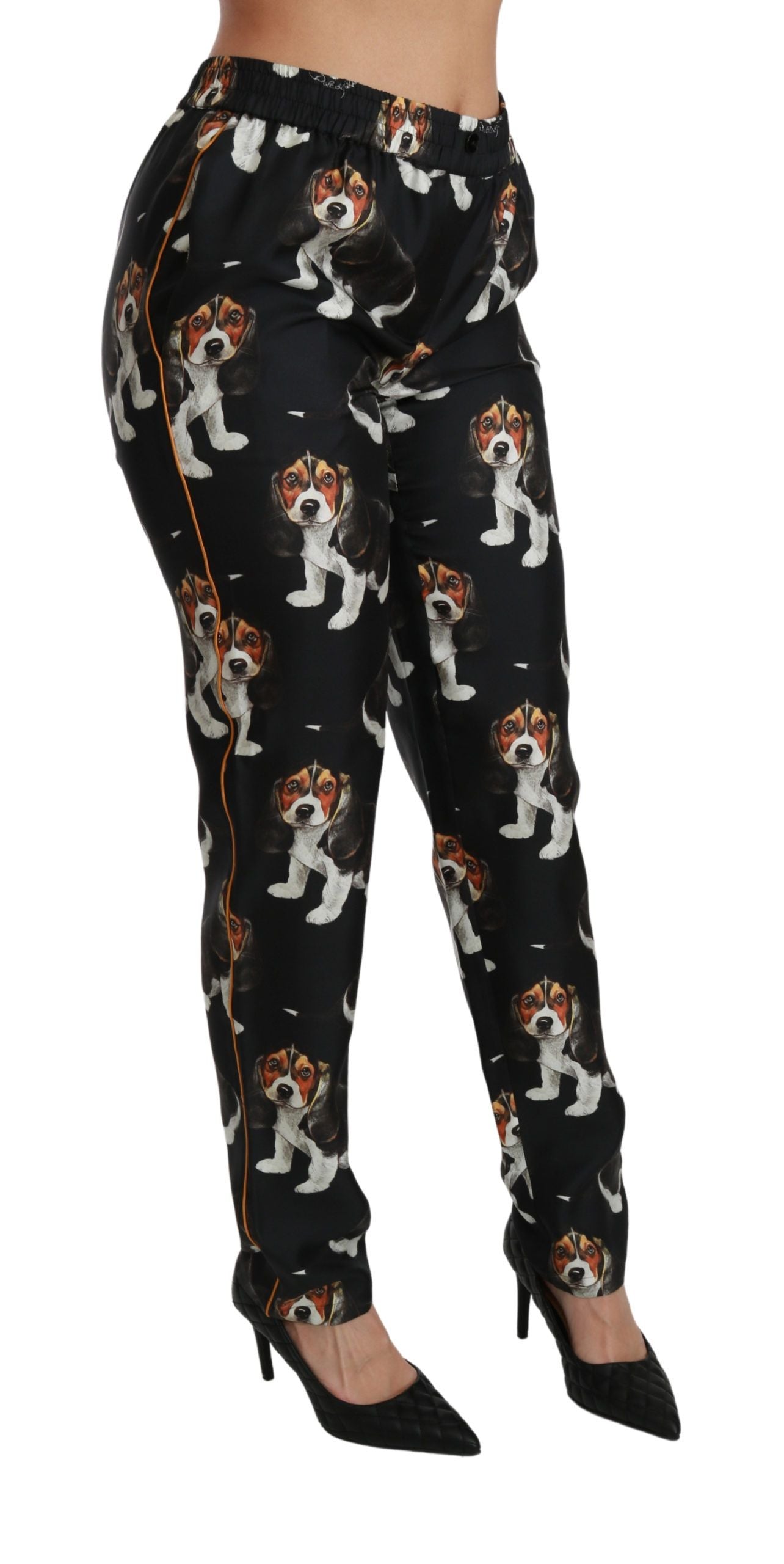 Dolce &amp; Gabbana Pantalon élégant en soie à imprimé chiot et chien