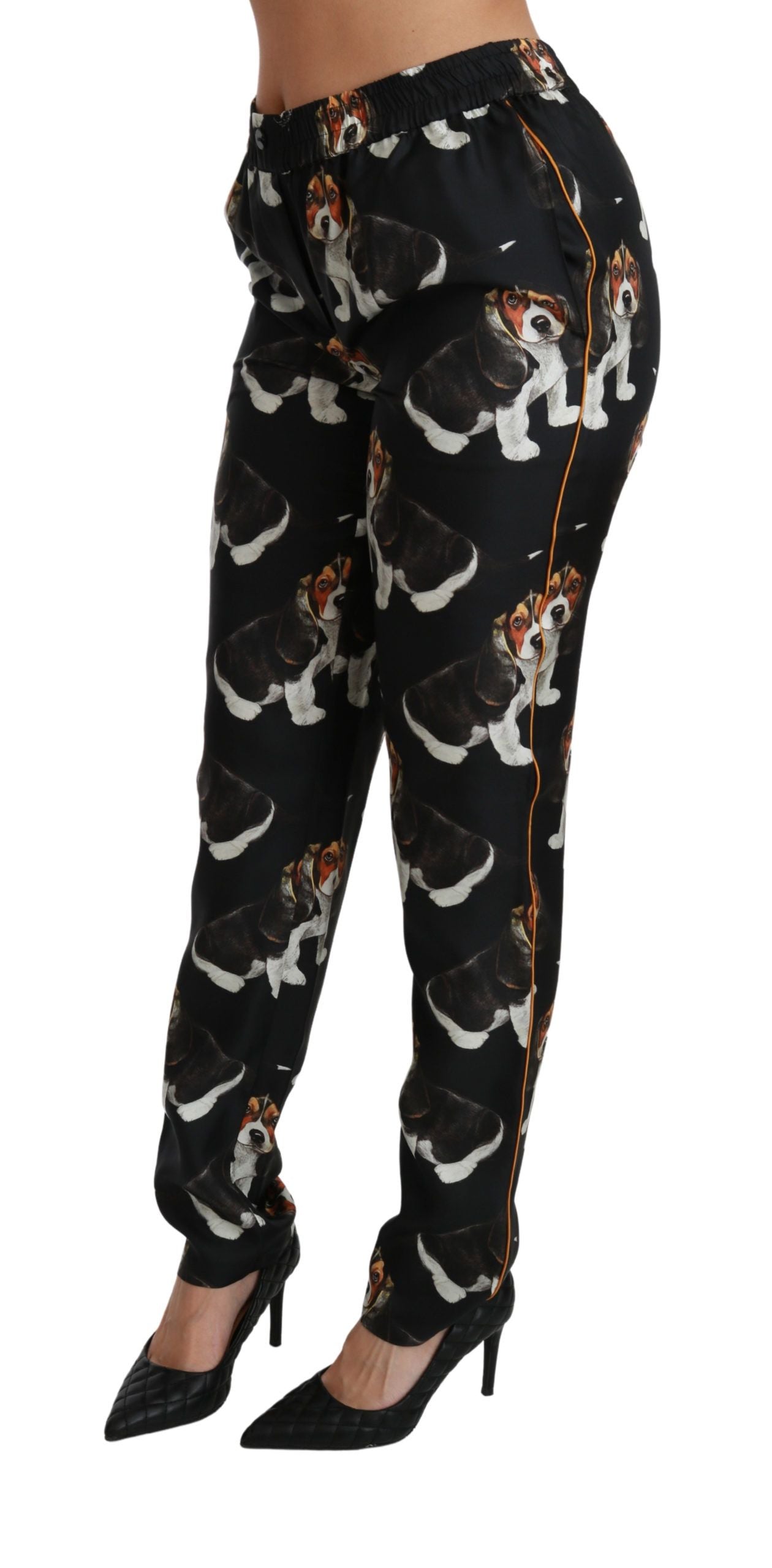 Dolce &amp; Gabbana Pantalon élégant en soie à imprimé chiot et chien