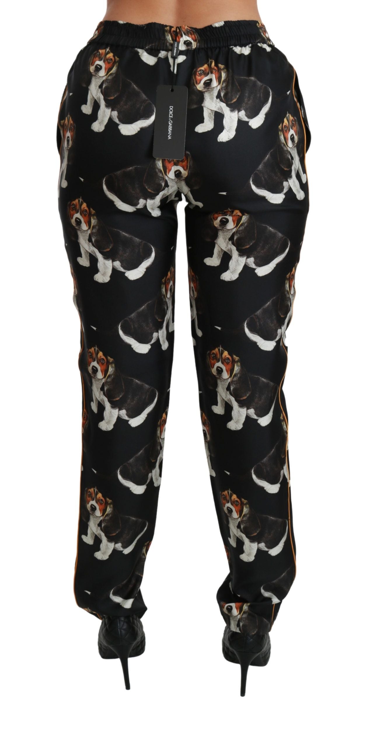 Dolce &amp; Gabbana Pantalon élégant en soie à imprimé chiot et chien