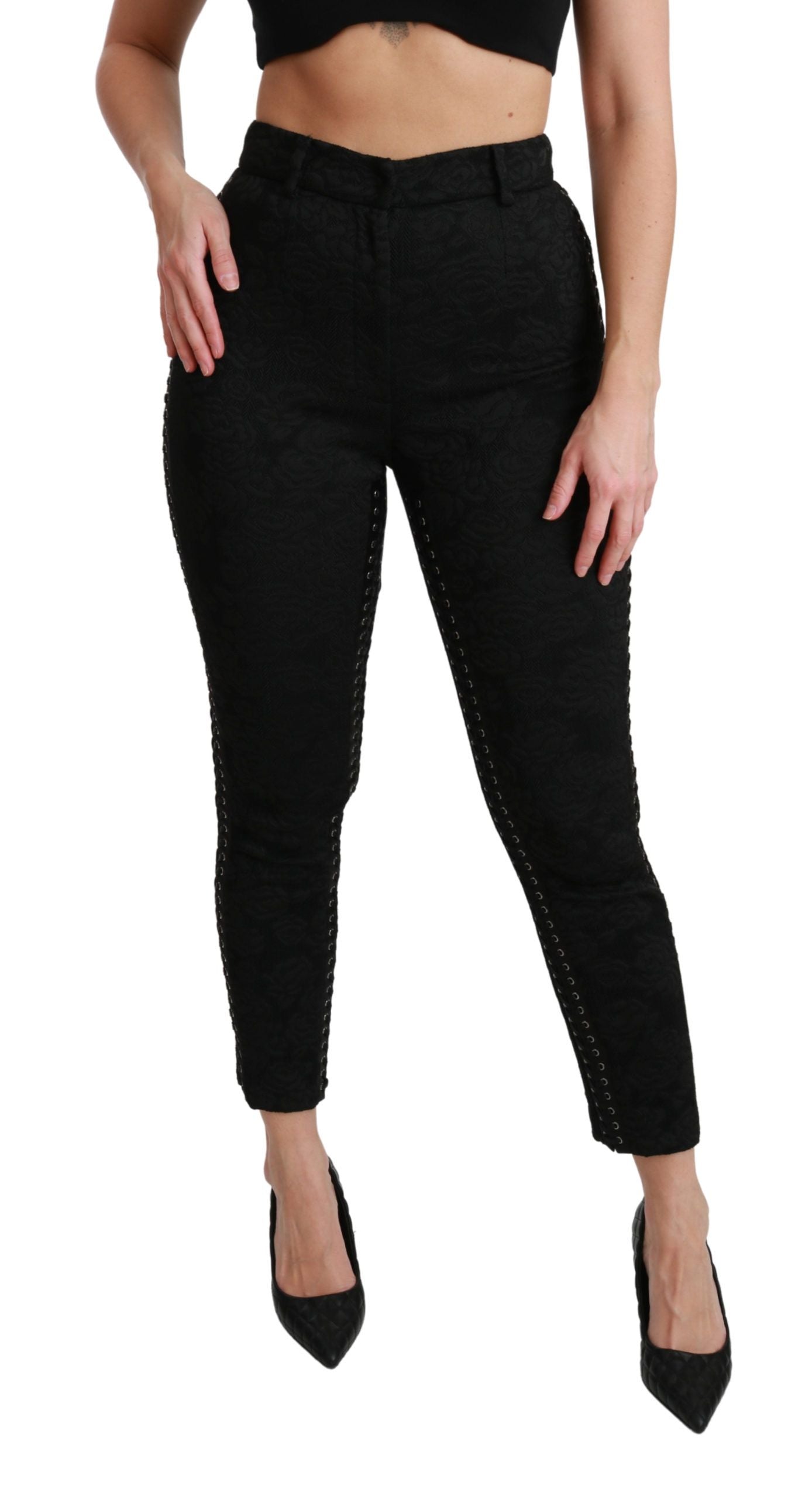 Dolce &amp; Gabbana Pantalon élégant en brocart noir skinny taille haute