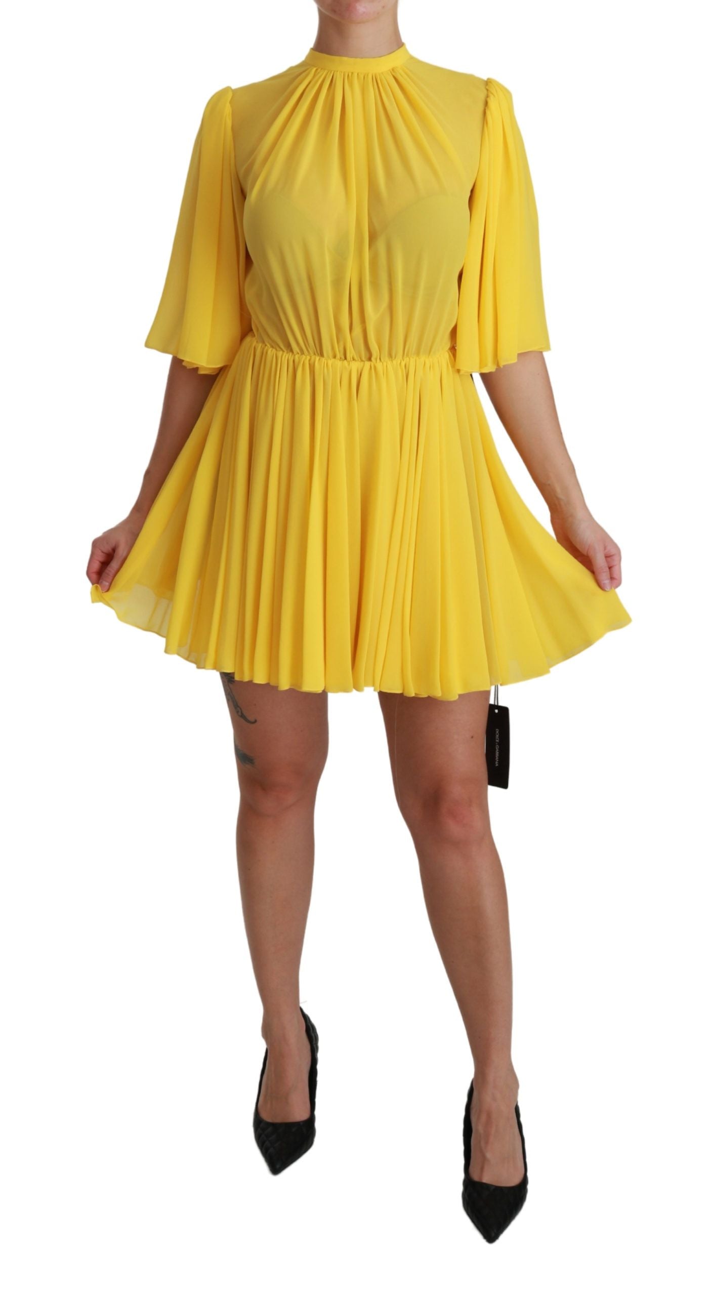 Dolce &amp; Gabbana Mini-robe trapèze plissée en soie en jaune soleil