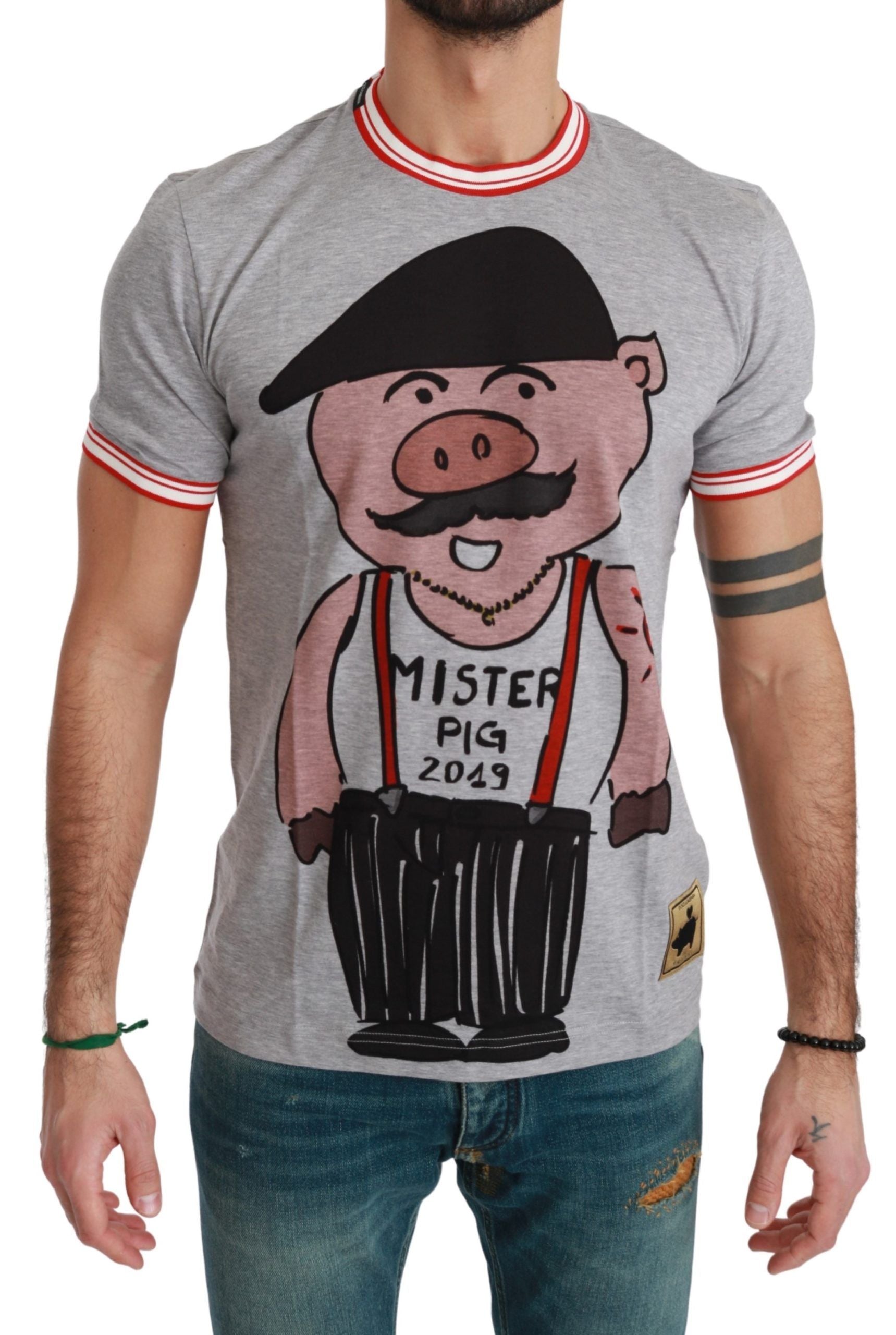 Dolce &amp; Gabbana Chic T-shirt en coton gris avec motif Année du Cochon