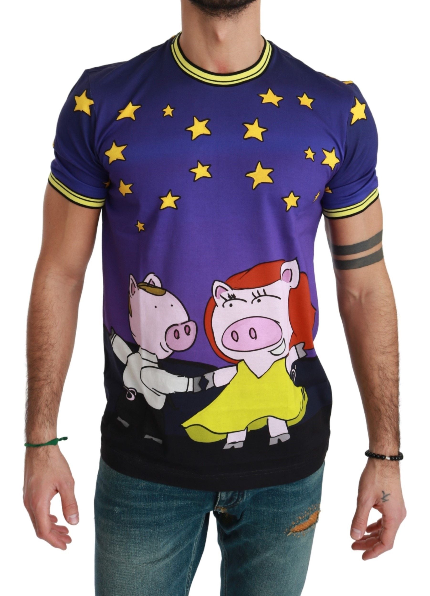 Dolce &amp; Gabbana T-shirt à col rond en coton violet avec motif cochon