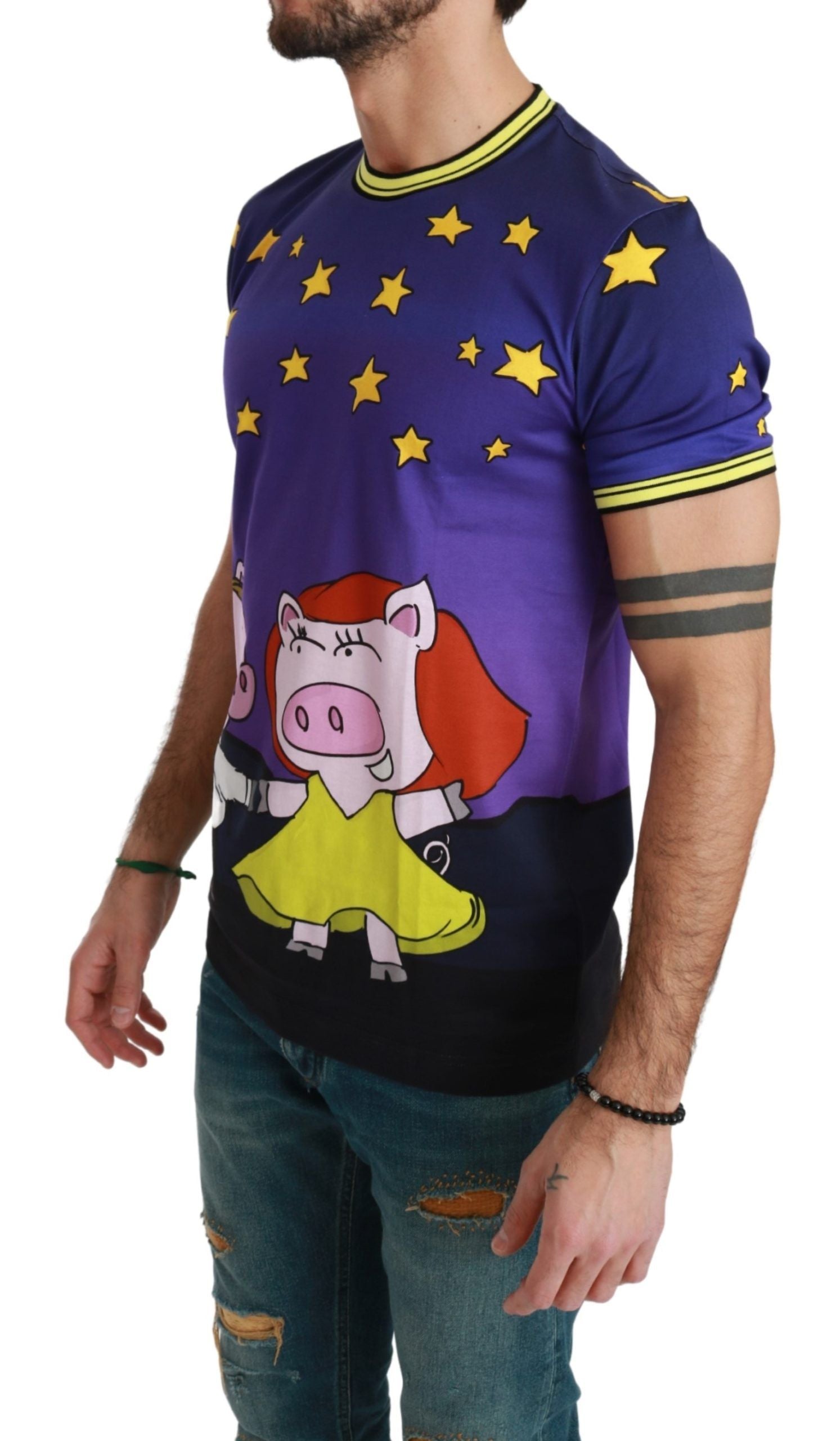 Dolce &amp; Gabbana T-shirt à col rond en coton violet avec motif cochon