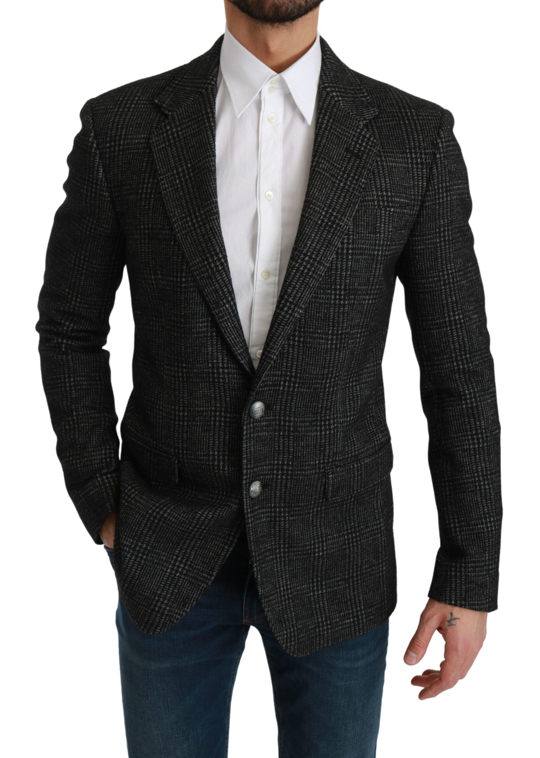 Dolce &amp; Gabbana Blazer coupe slim à carreaux gris élégant