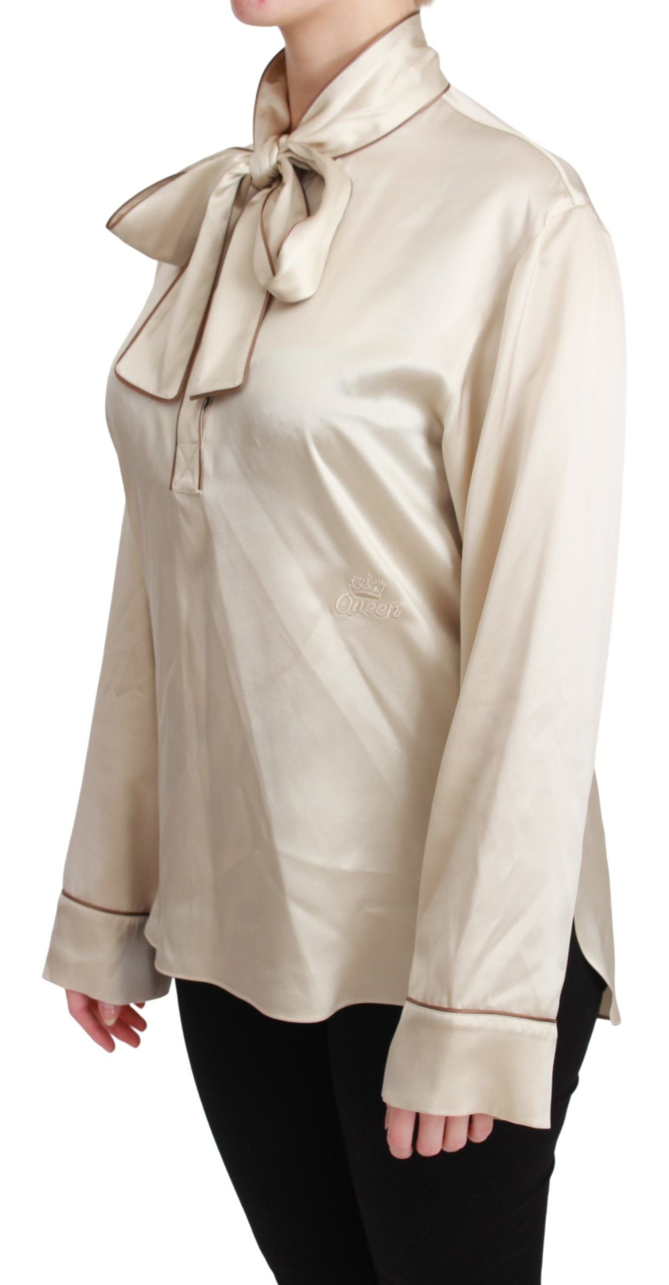 Dolce &amp; Gabbana Blouse élégante en satin de soie beige avec broderie QUEEN