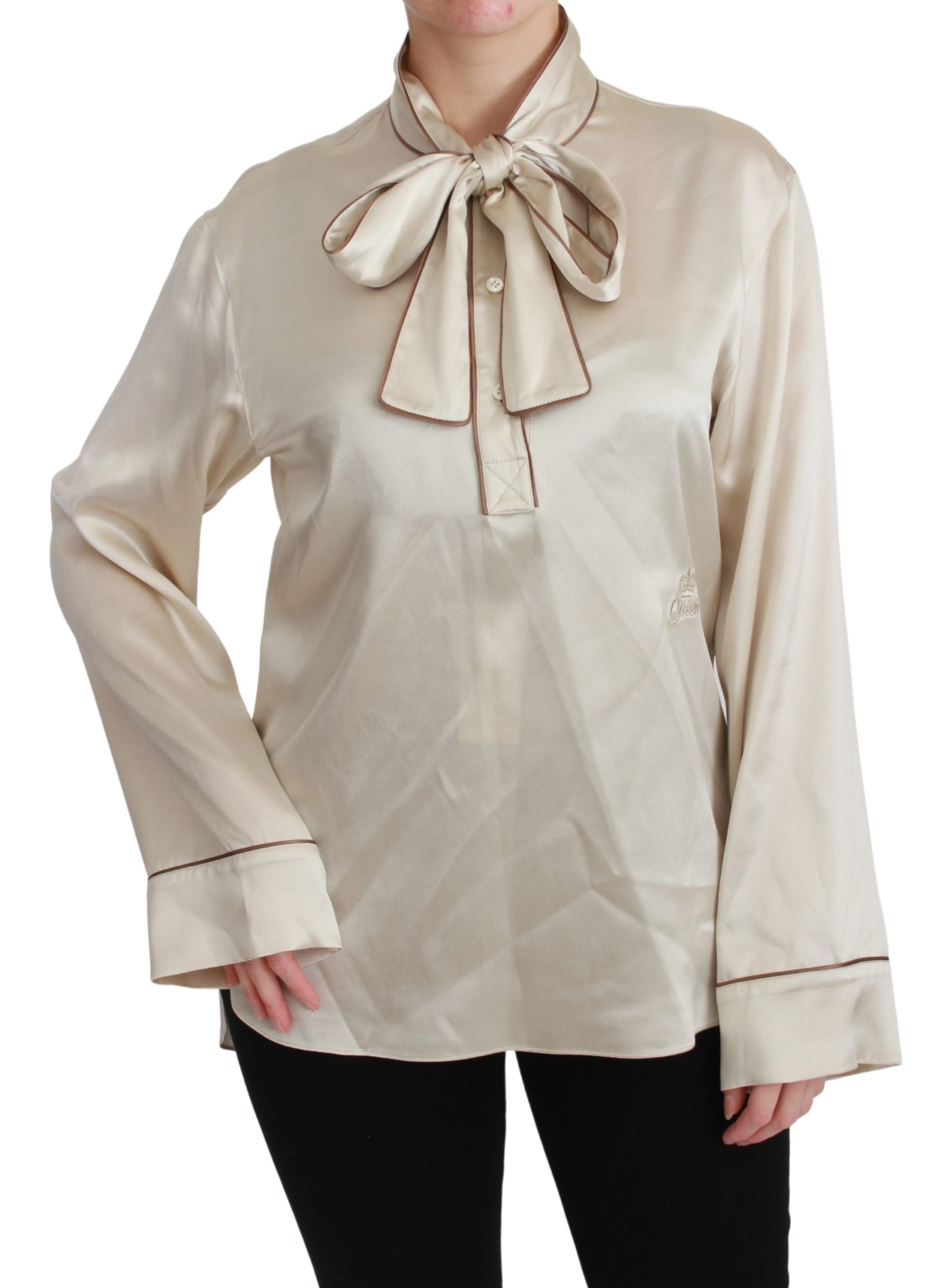 Dolce &amp; Gabbana Blouse élégante en satin de soie beige avec broderie QUEEN