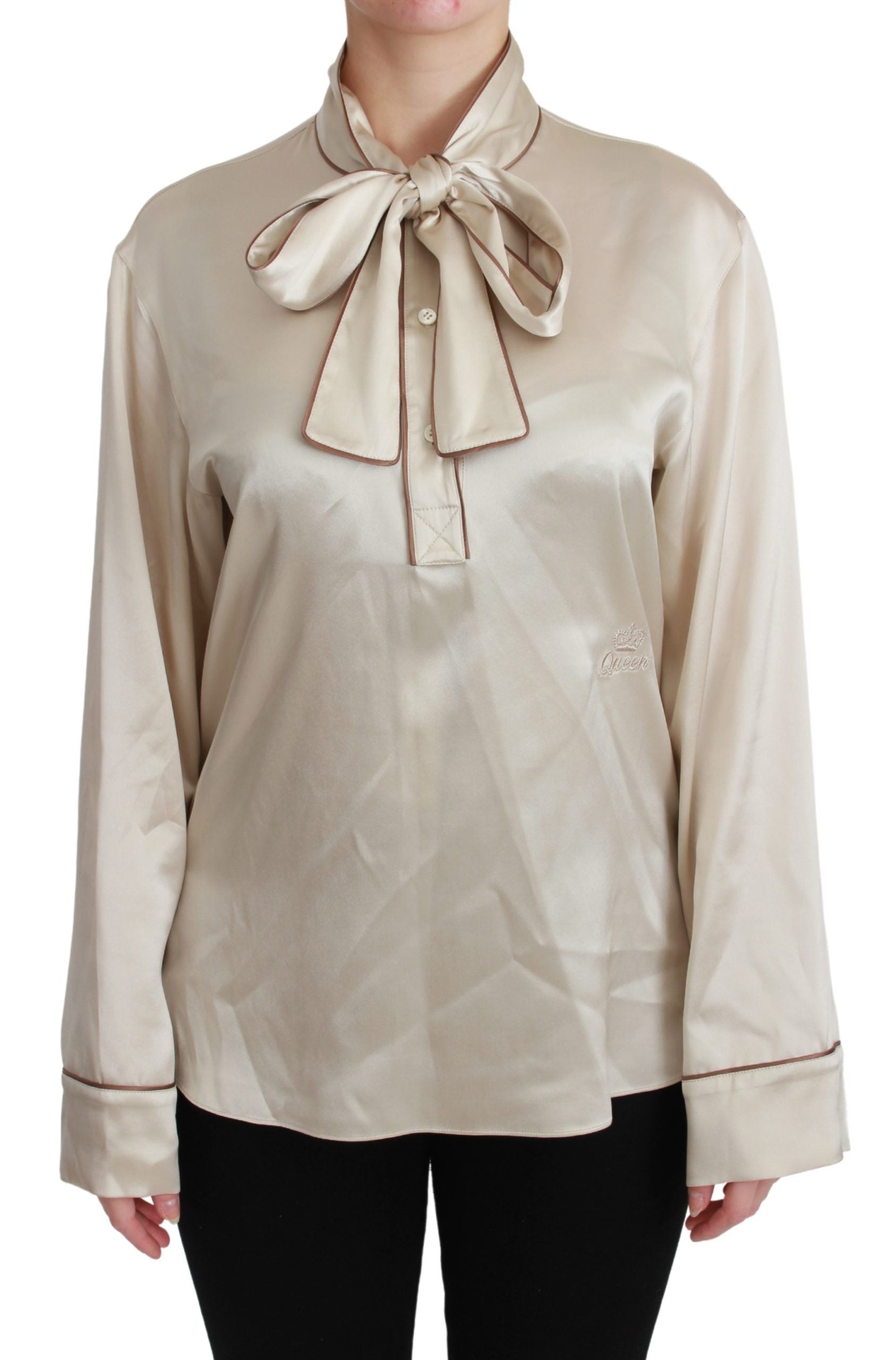 Dolce &amp; Gabbana Blouse élégante en satin de soie beige avec broderie QUEEN