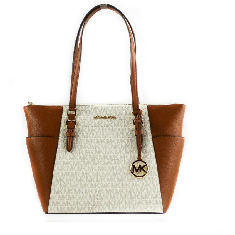 Michael Kors Charlotte Signature Cuir Grand Top Zip Tote Sac à main (Vanille)