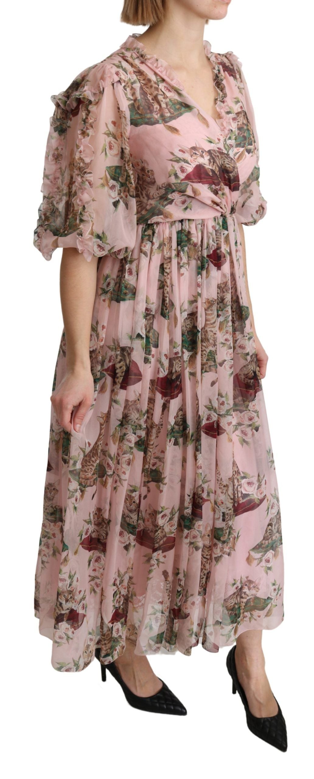 Dolce &amp; Gabbana Robe longue trapèze élégante à imprimé chat du Bengale rose