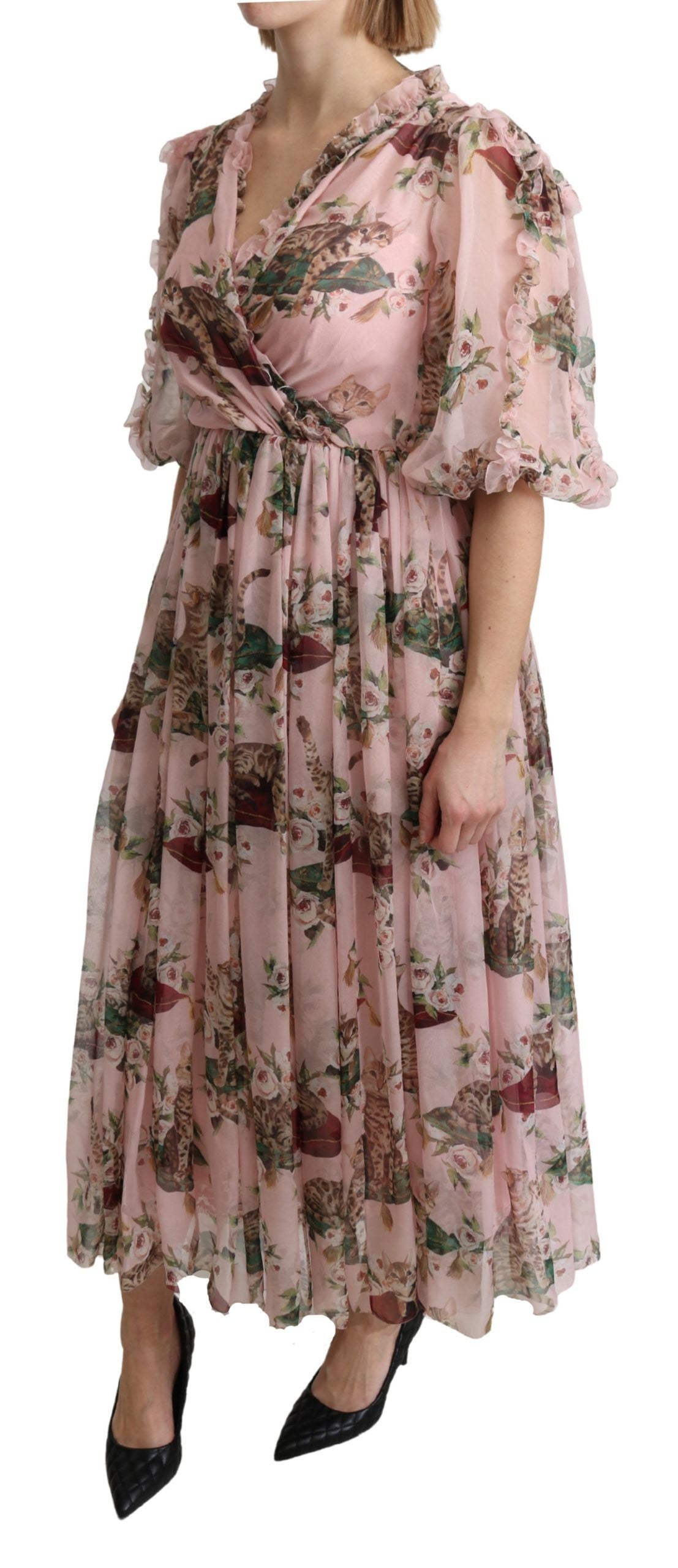 Dolce &amp; Gabbana Robe longue trapèze élégante à imprimé chat du Bengale rose