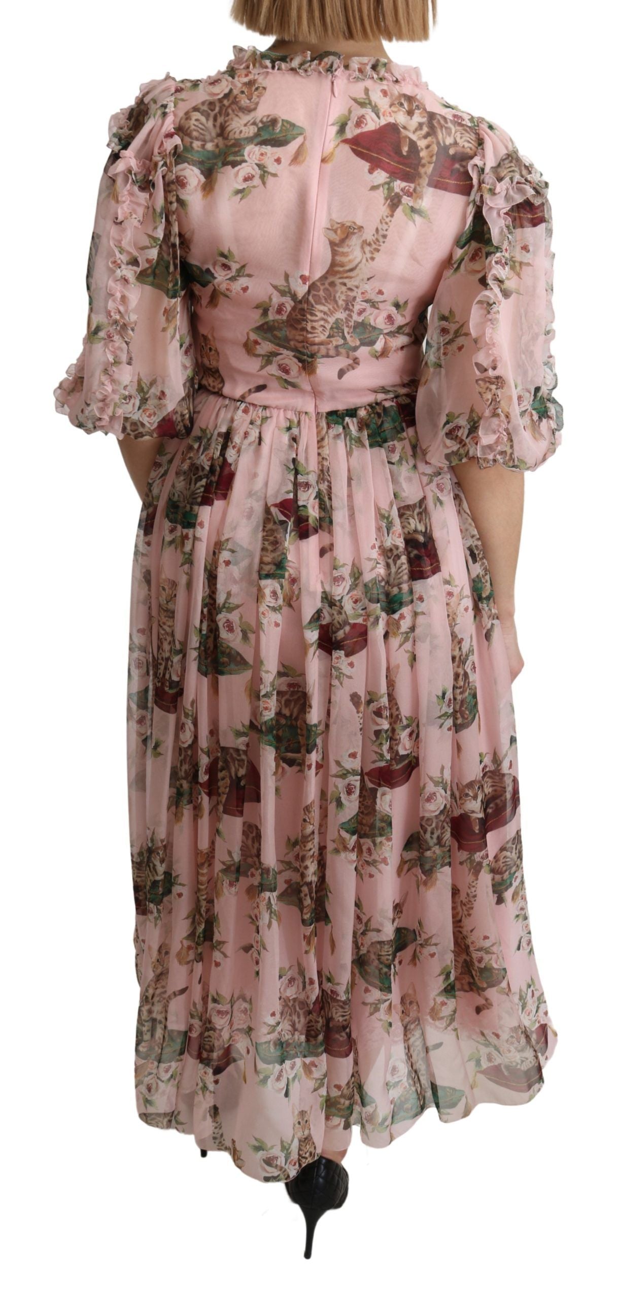 Dolce &amp; Gabbana Robe longue trapèze élégante à imprimé chat du Bengale rose