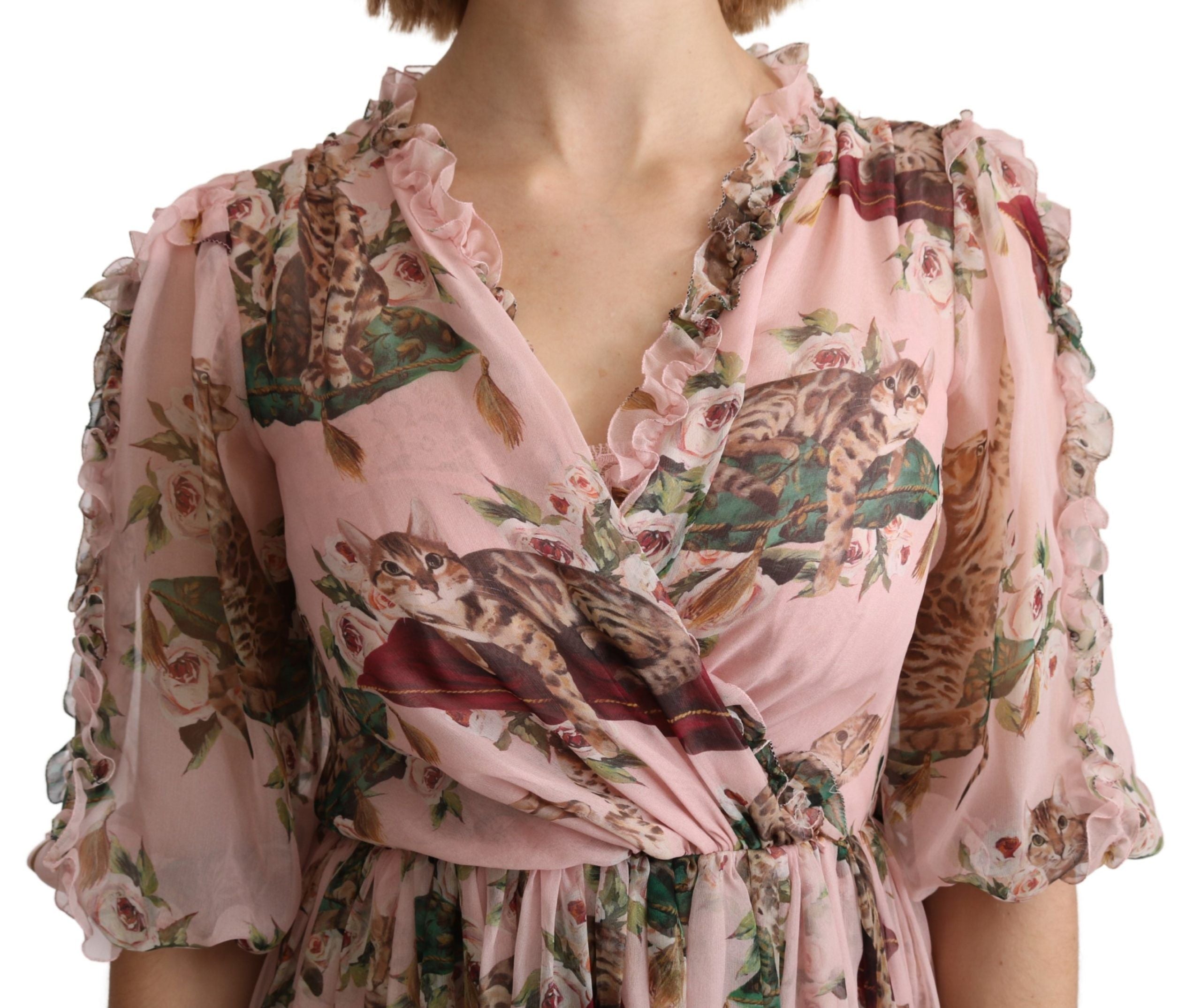 Dolce &amp; Gabbana Robe longue trapèze élégante à imprimé chat du Bengale rose