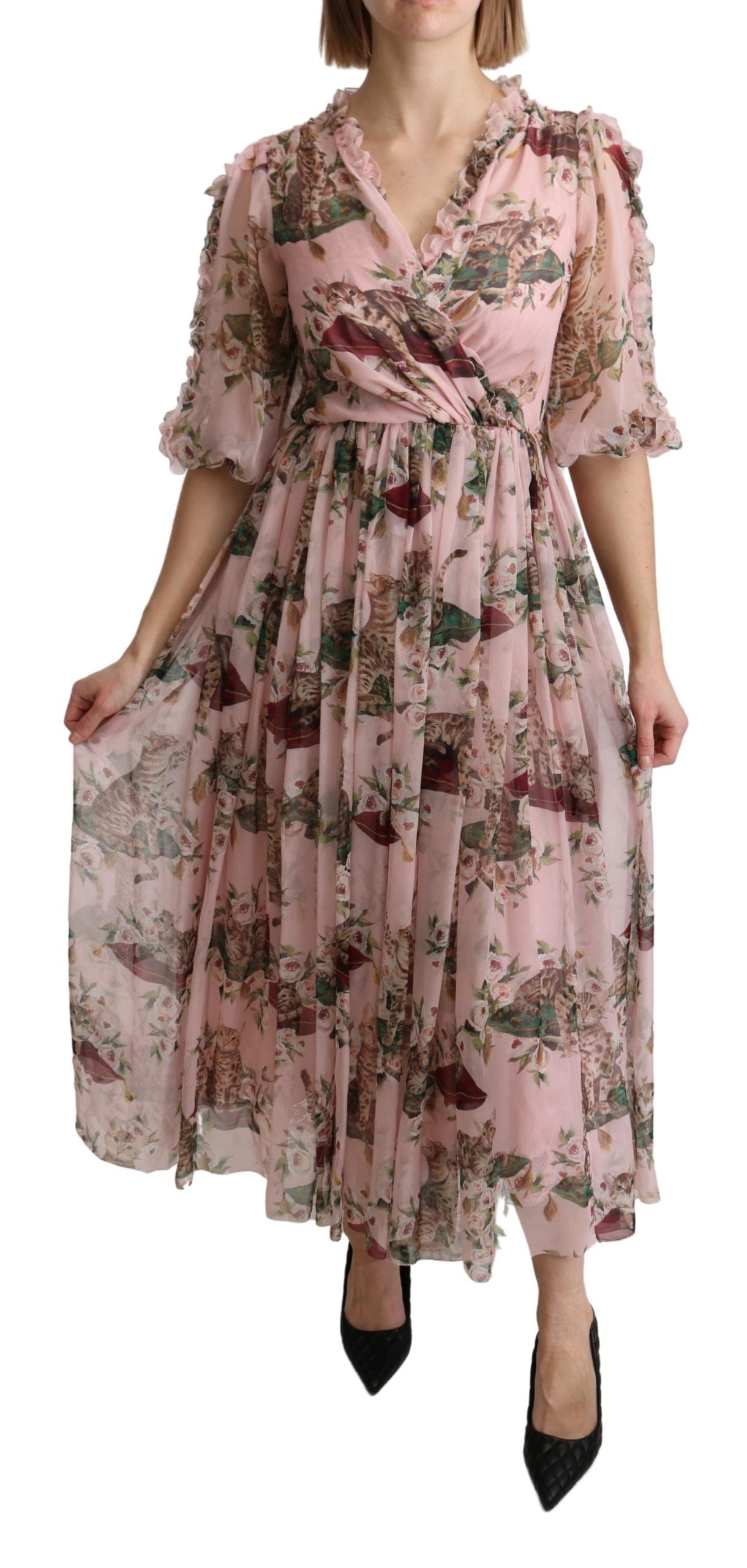 Dolce &amp; Gabbana Robe longue trapèze élégante à imprimé chat du Bengale rose