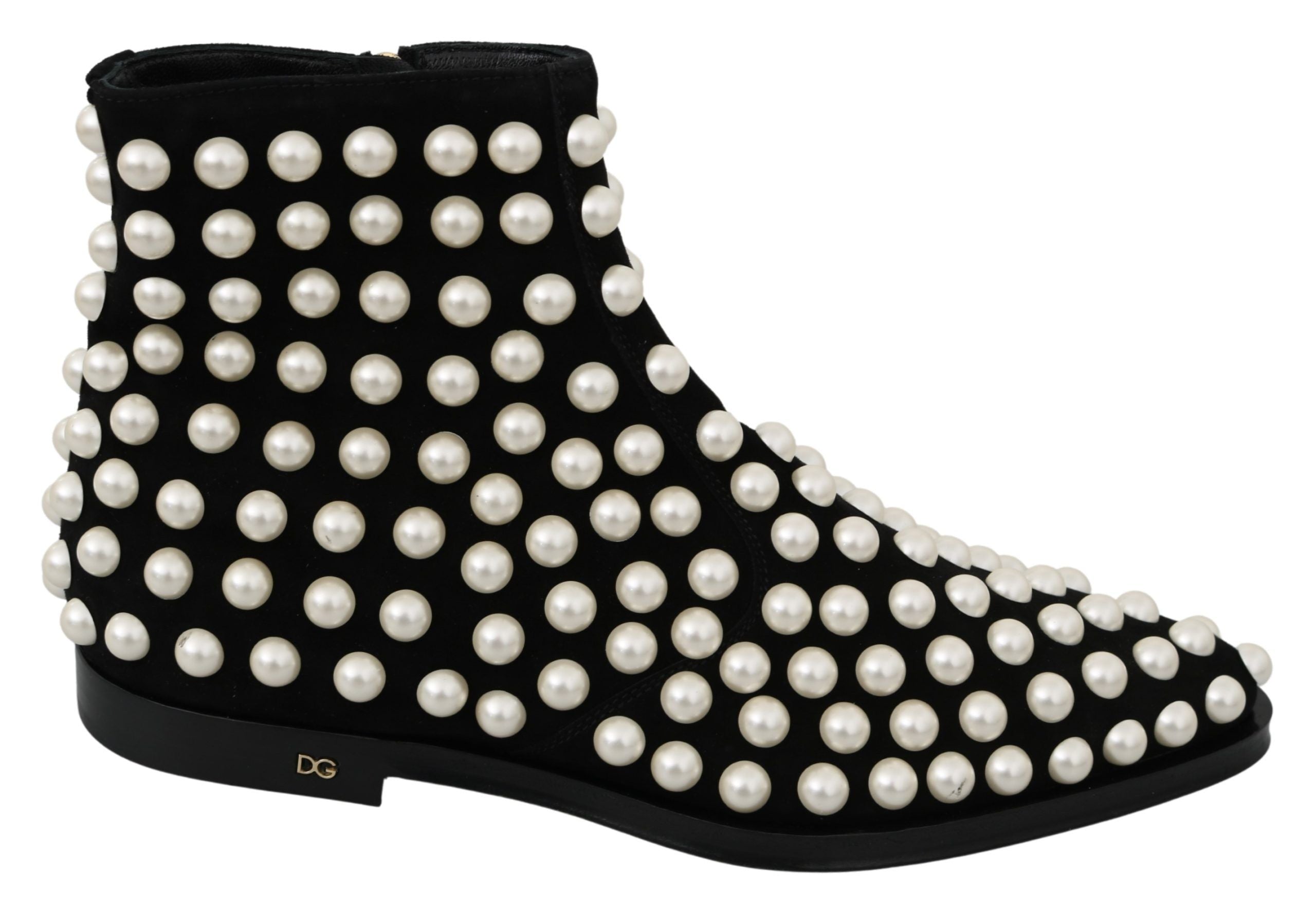 Dolce & Gabbana Chic Black Suede Ankle Boots with Pearls