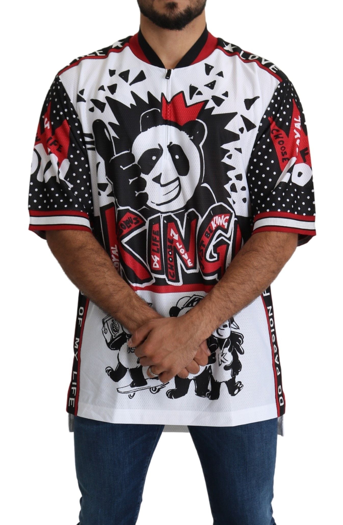 Dolce &amp; Gabbana Chic T-shirt blanc à col zippé et imprimé King Panda