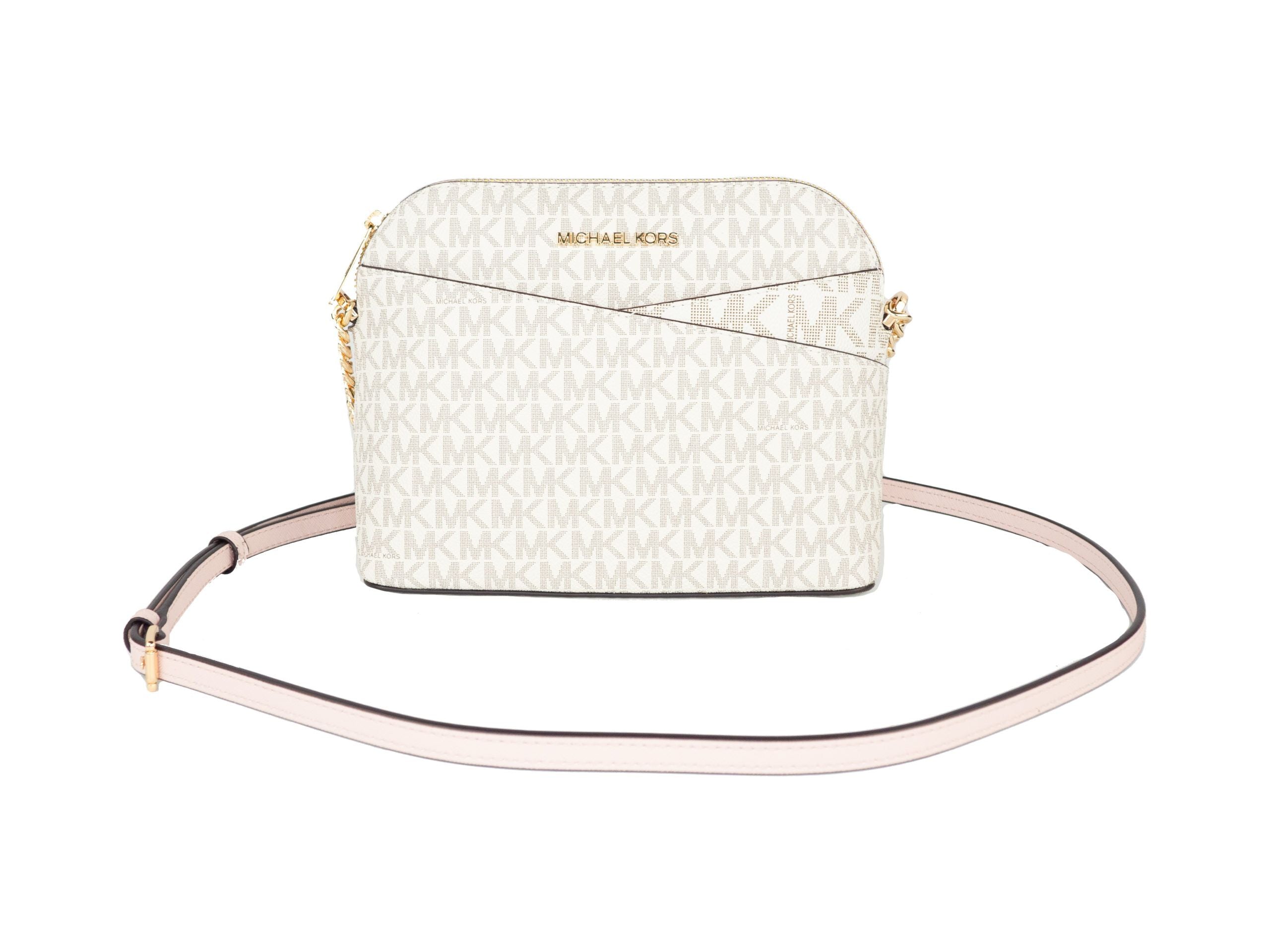 Michael Kors Jet Set Travel Sac à main bandoulière en cuir X Cross Dome (Signature vanille/poudre blush)