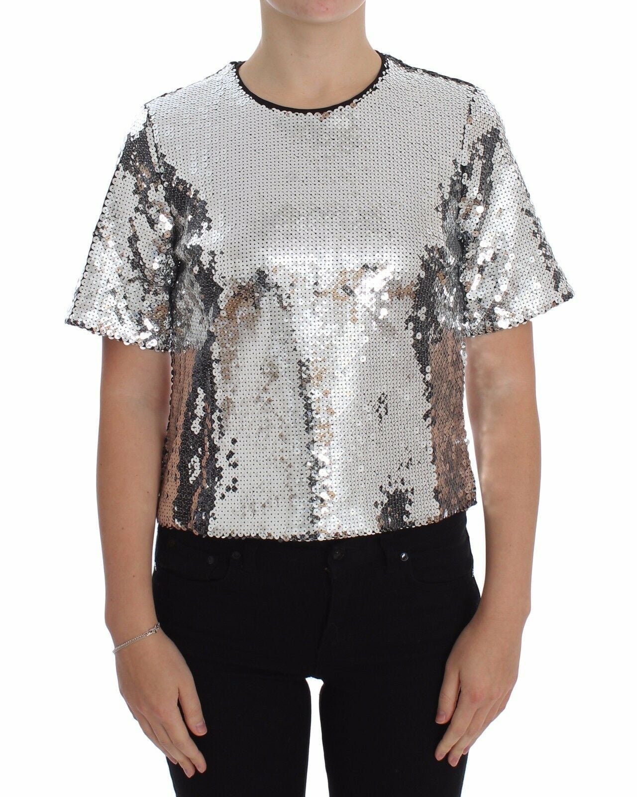 Dolce & Gabbana Haut t-shirt chemisier à col rond et sequins argenté