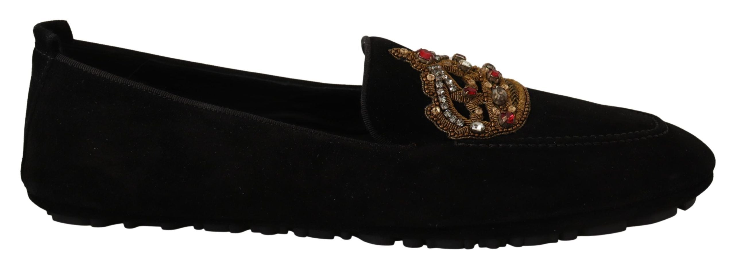 Dolce &amp; Gabbana Claquettes mocassins élégantes en cuir noir avec broderie dorée