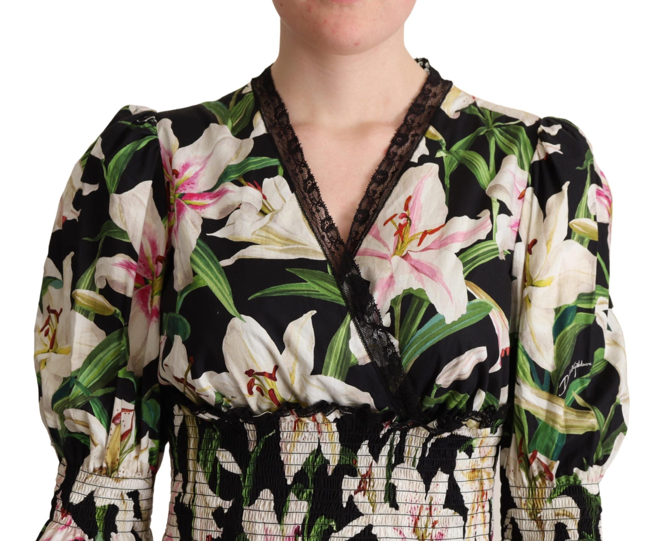 Dolce &amp; Gabbana Robe mi-longue élégante à imprimé Lily avec bordure en dentelle