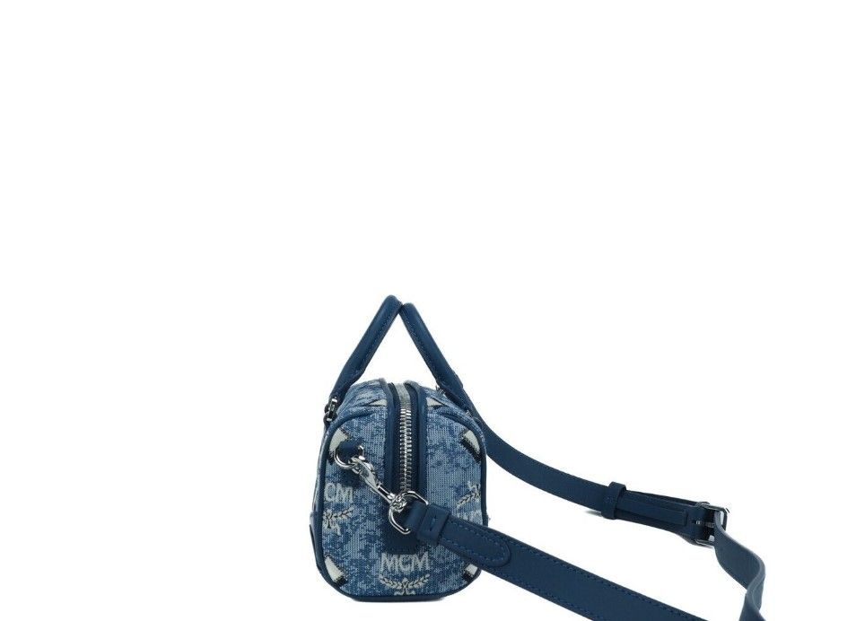 MCM Boston Mini Bleu Vintage Jacquard Logo Tissu Sac à Main Bandoulière