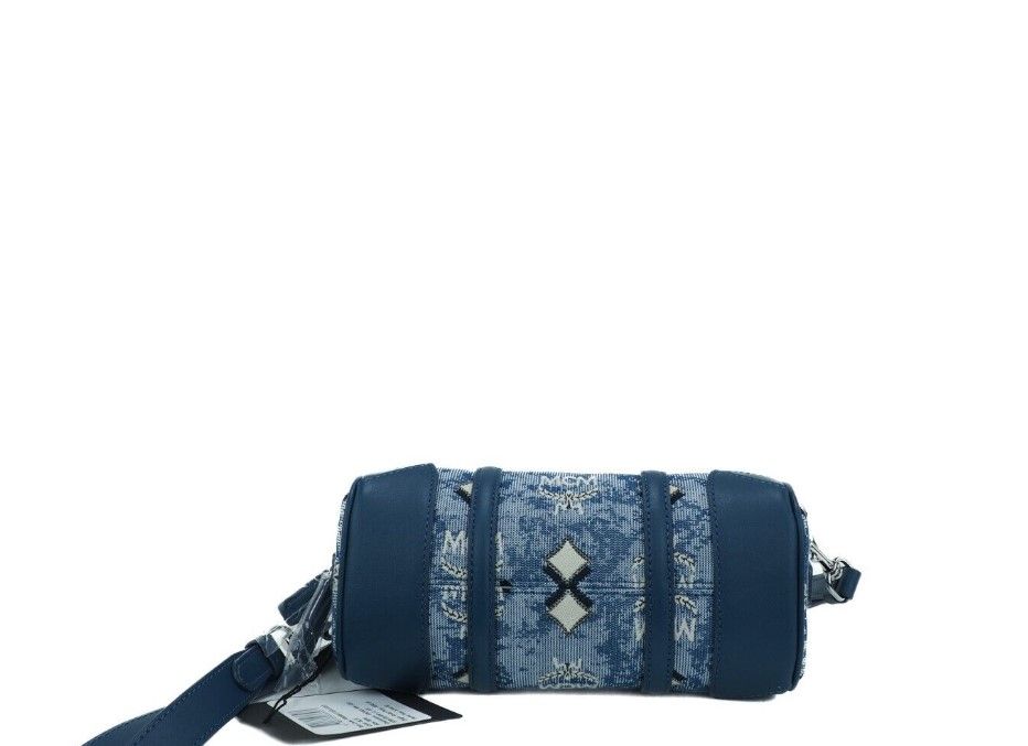 MCM Boston Mini Bleu Vintage Jacquard Logo Tissu Sac à Main Bandoulière