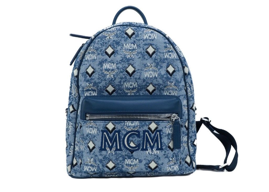 MCM Stark Petit sac à dos en tissu bleu vintage avec logo monogramme jacquard