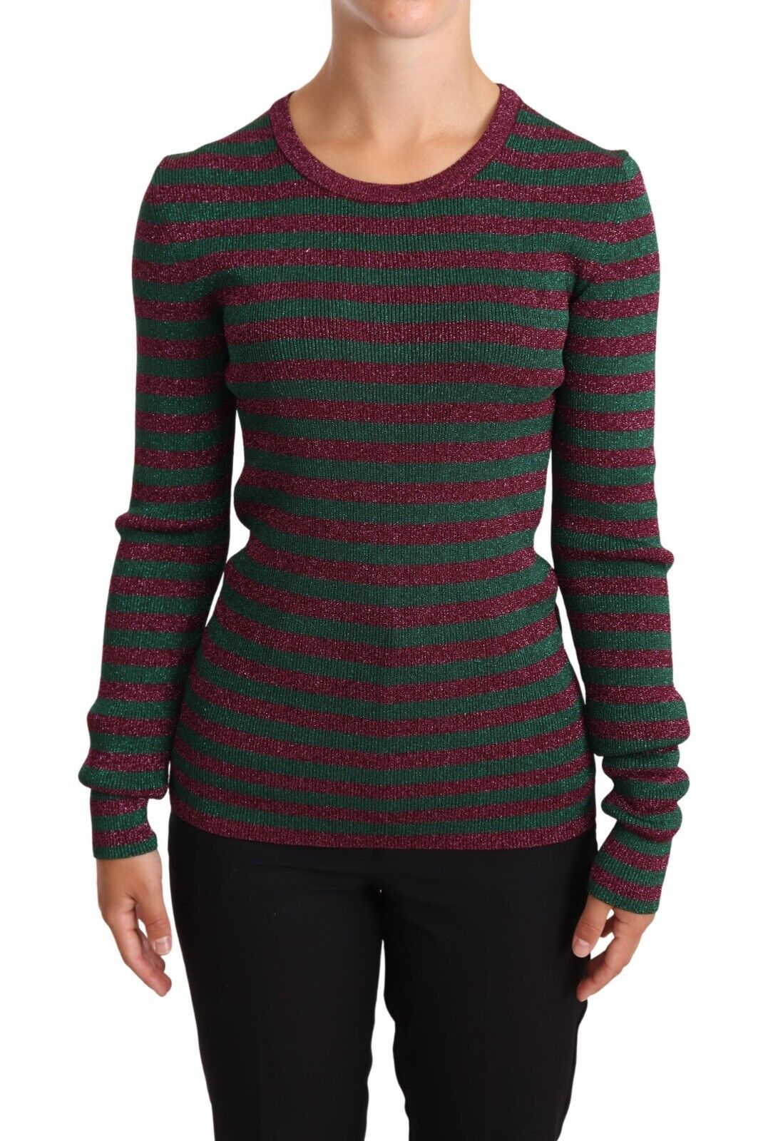 Dolce &amp; Gabbana Élégant pull à col rond rayé marron et vert