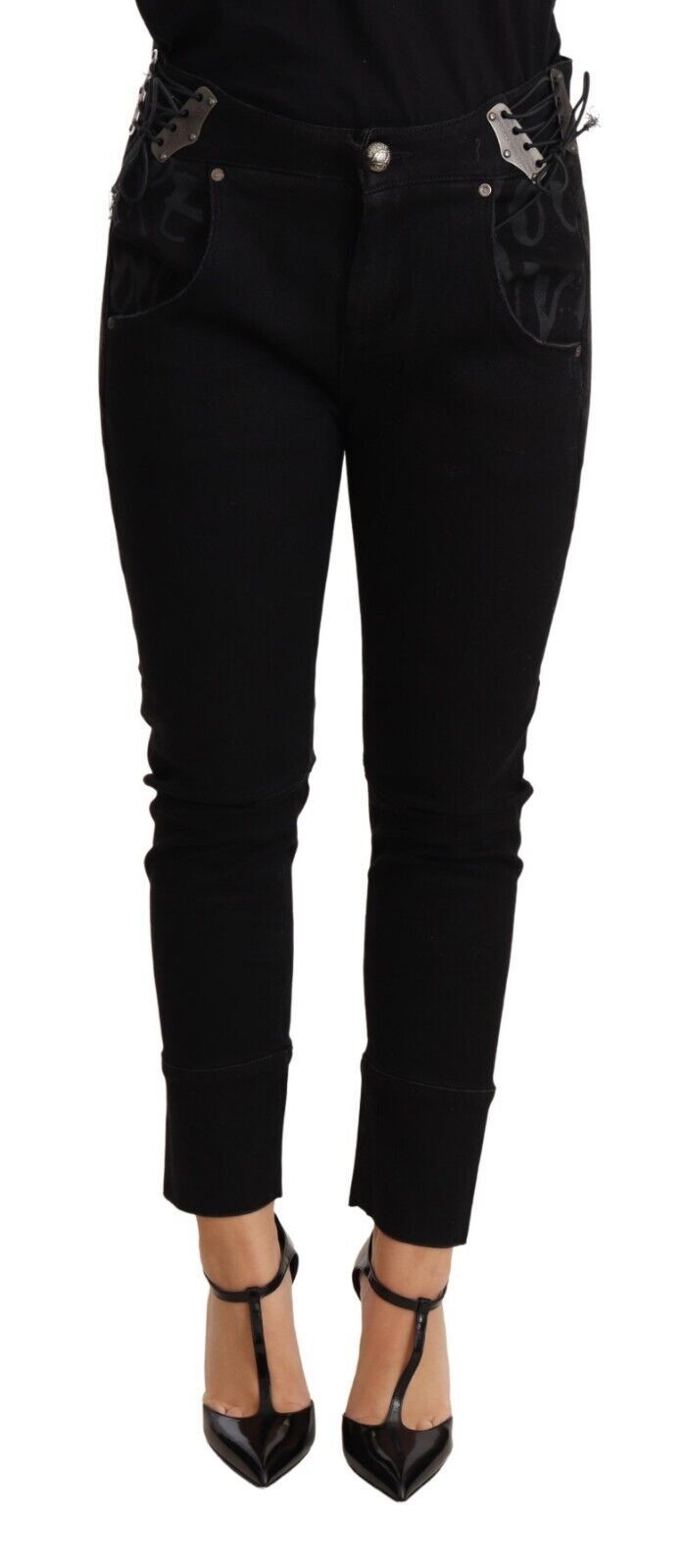 Ermanno Scervino Pantalon chic taille basse skinny en coton noir