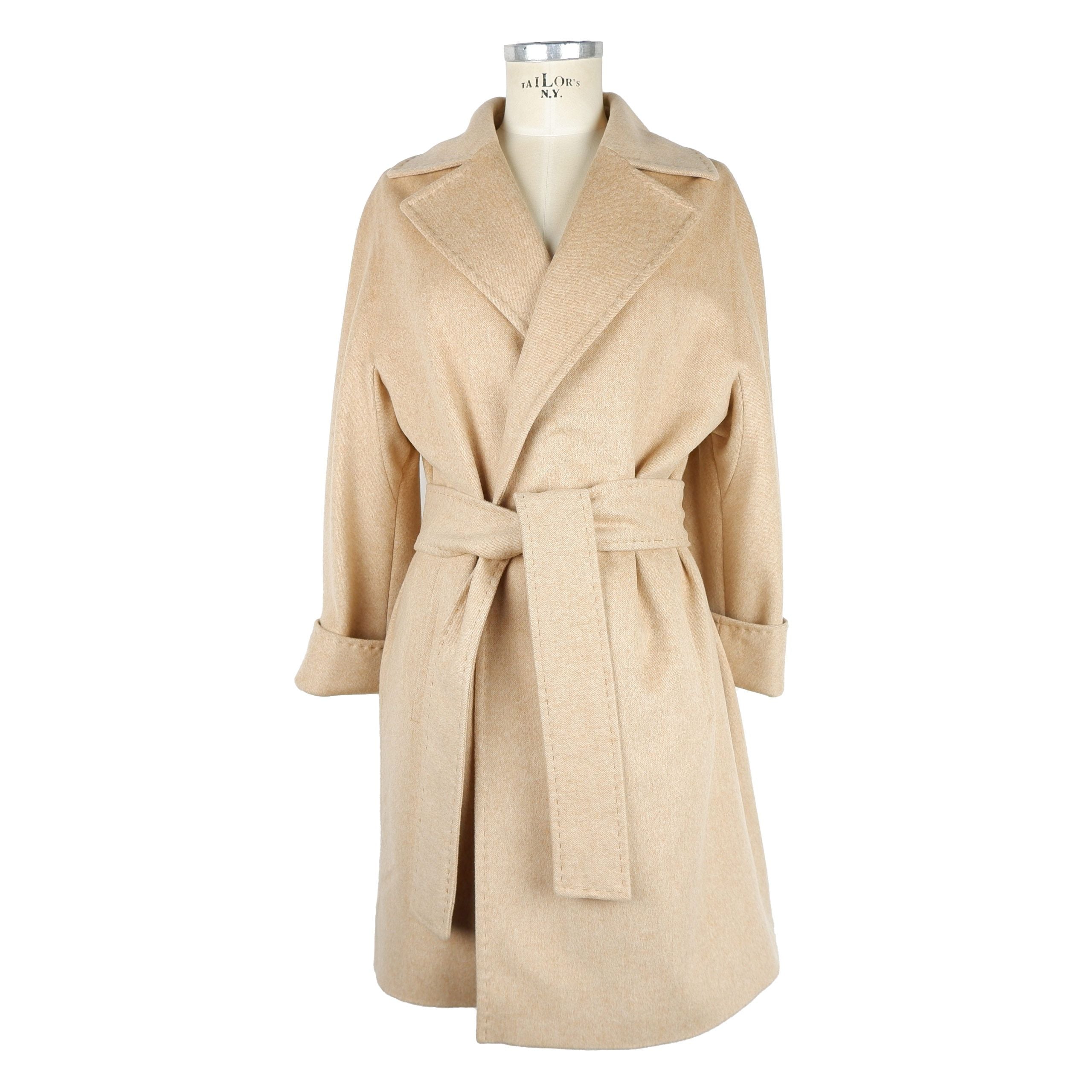 Manteau élégant en laine beige avec ceinture à la taille fabriqué en Italie