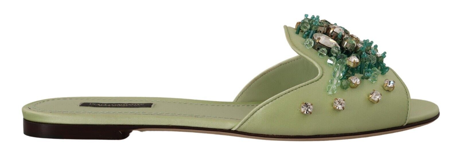 Dolce &amp; Gabbana Claquettes élégantes en cuir vert ornées de cristaux