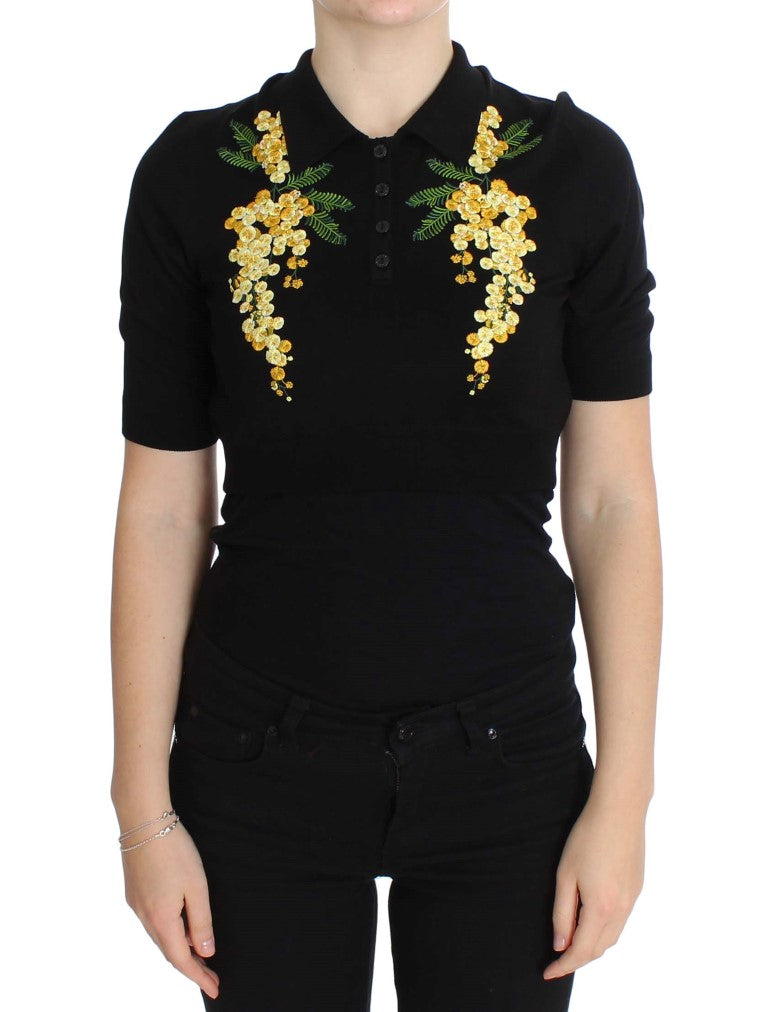 Dolce &amp; Gabbana Haut polo élégant en soie noire à fleurs