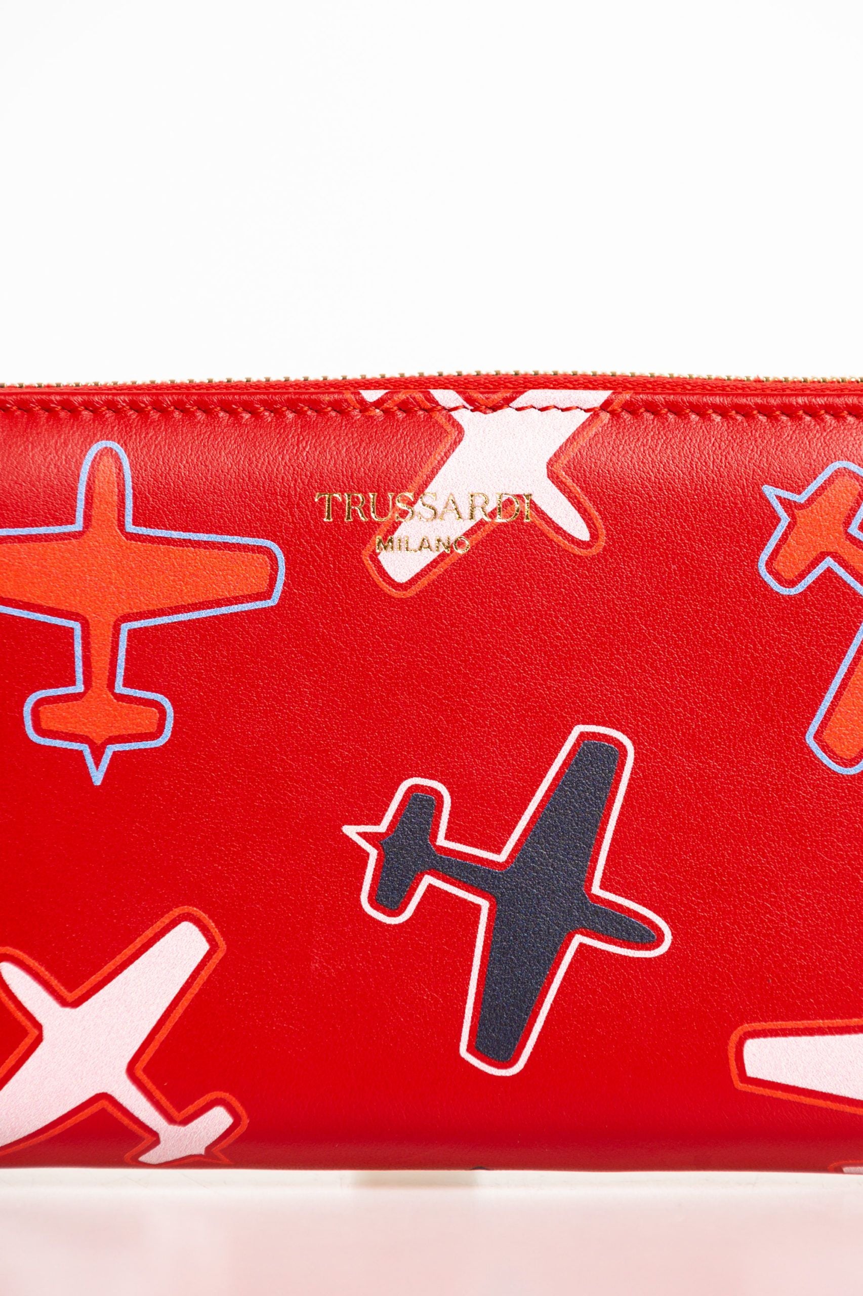 Trussardi Portefeuille Chic En Cuir Rouge Imprimé Avion