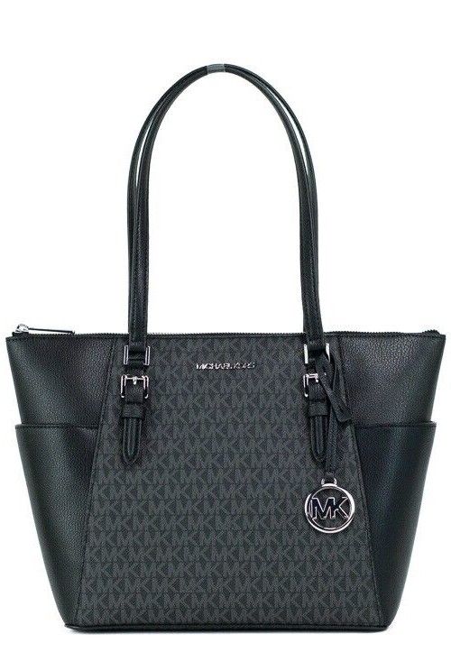 Michael Kors Charlotte Noir PVC Cuir Grand Top Zip Tote Sac à main Sac à main