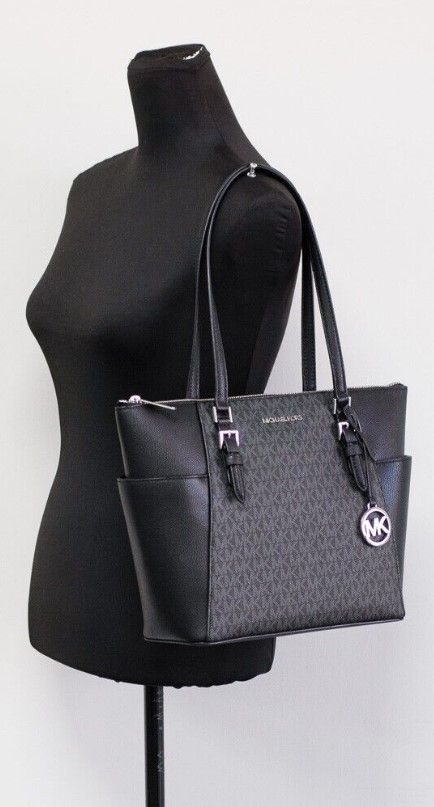 Michael Kors Charlotte Noir PVC Cuir Grand Top Zip Tote Sac à main Sac à main