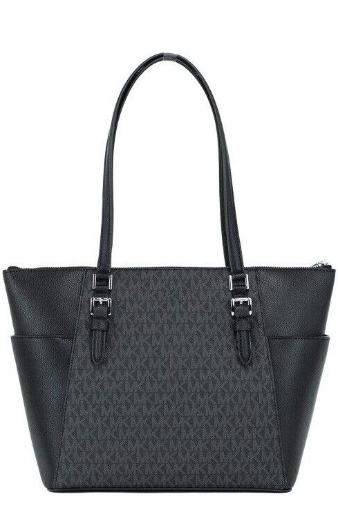 Michael Kors Charlotte Noir PVC Cuir Grand Top Zip Tote Sac à main Sac à main