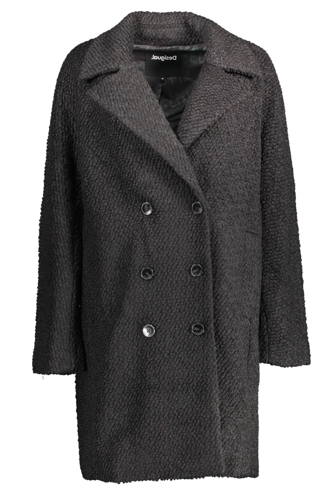 Desigual Chic Manteau Noir En Laine Mélangée Avec Accents Signature