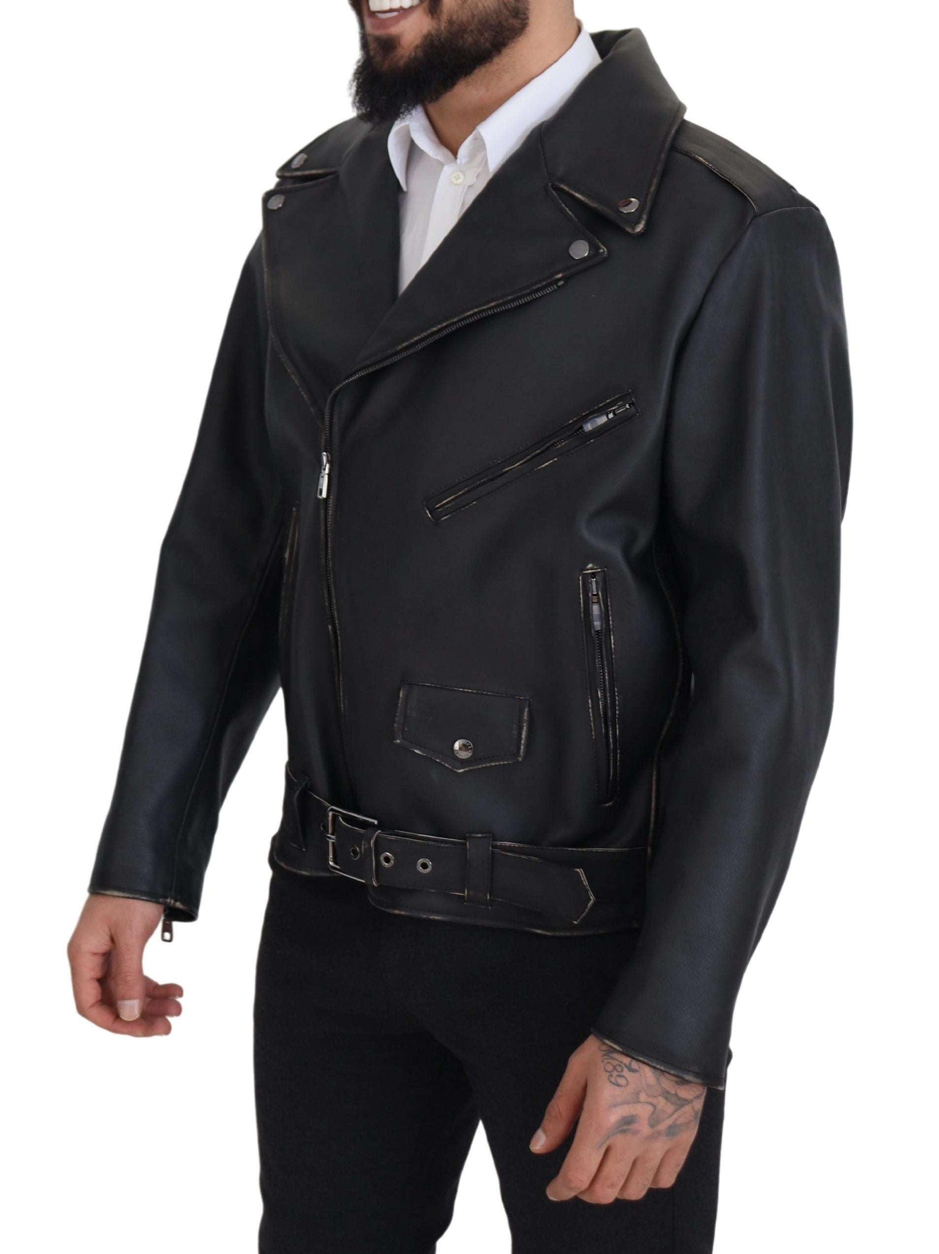 Dolce &amp; Gabbana Veste de motard élégante en cuir noir