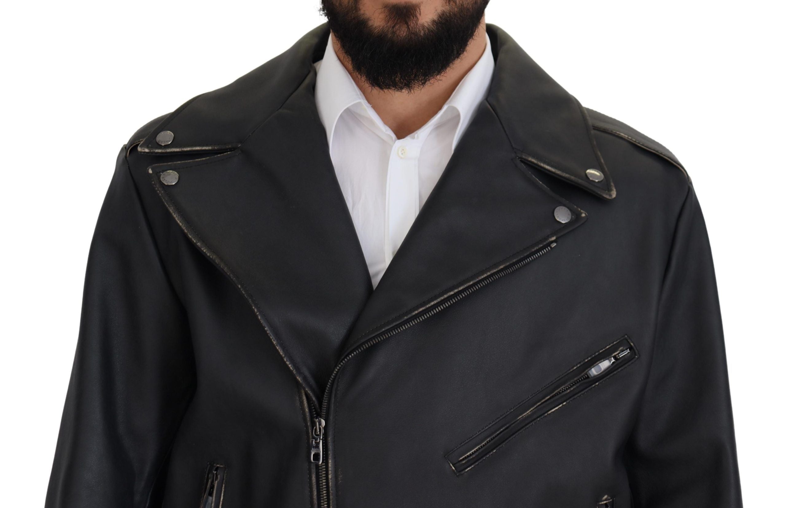 Dolce &amp; Gabbana Veste de motard élégante en cuir noir