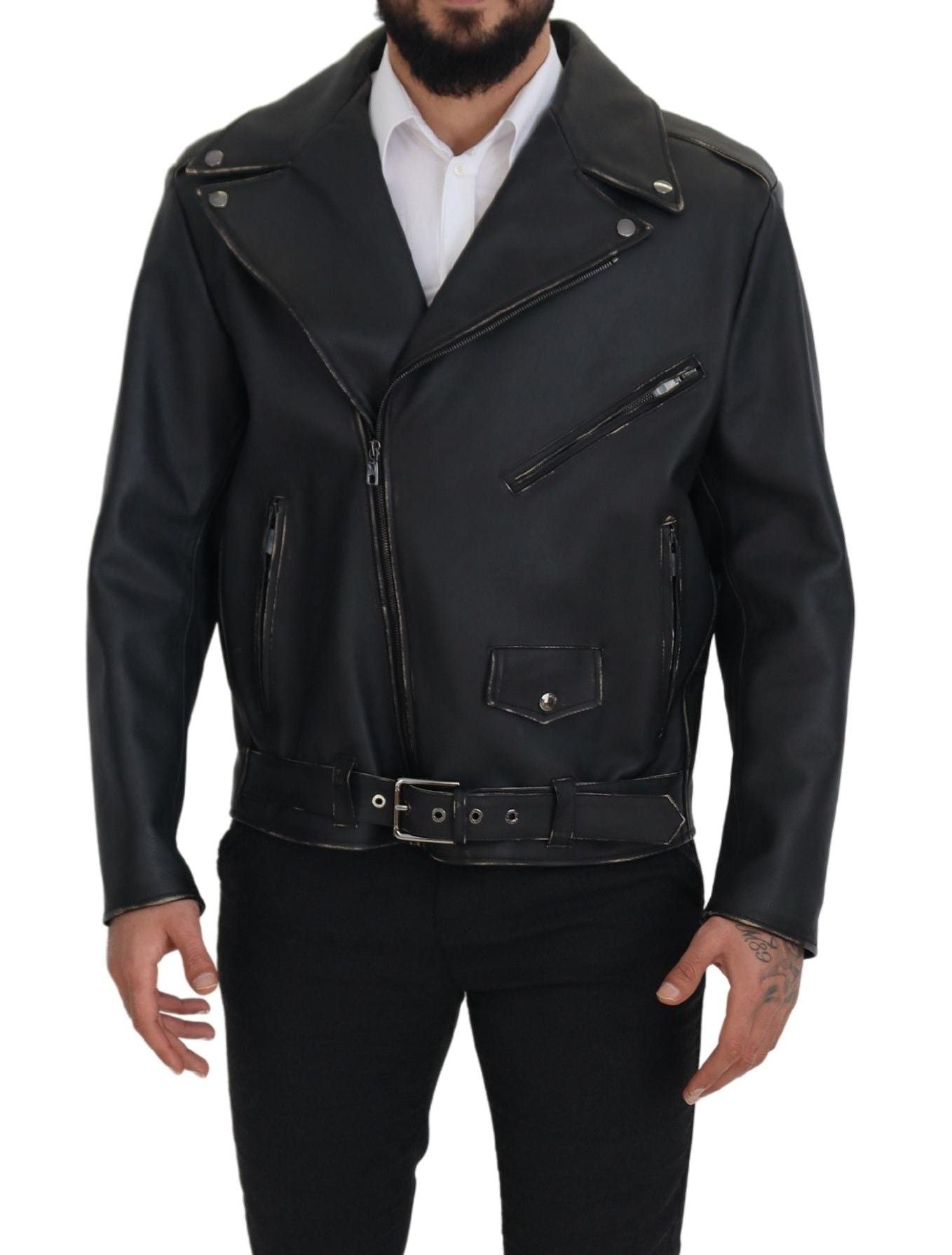 Dolce &amp; Gabbana Veste de motard élégante en cuir noir